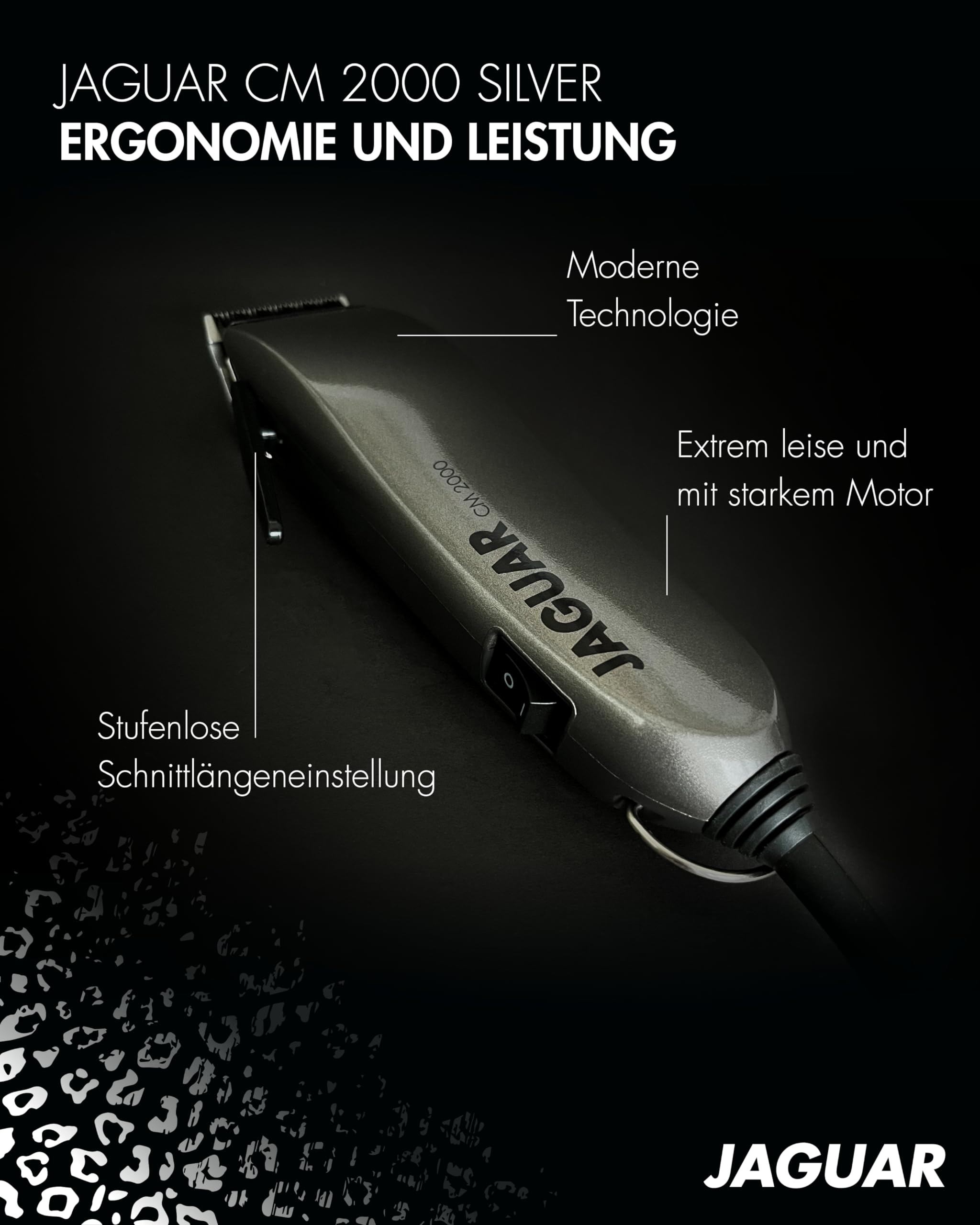 JAGUAR Haarschneidemaschine CM 2000 Silver | Profi-Haarclipper für Netzbetrieb | Schnellmontage-System | Aufsteckkammset | vom Profi für Dich