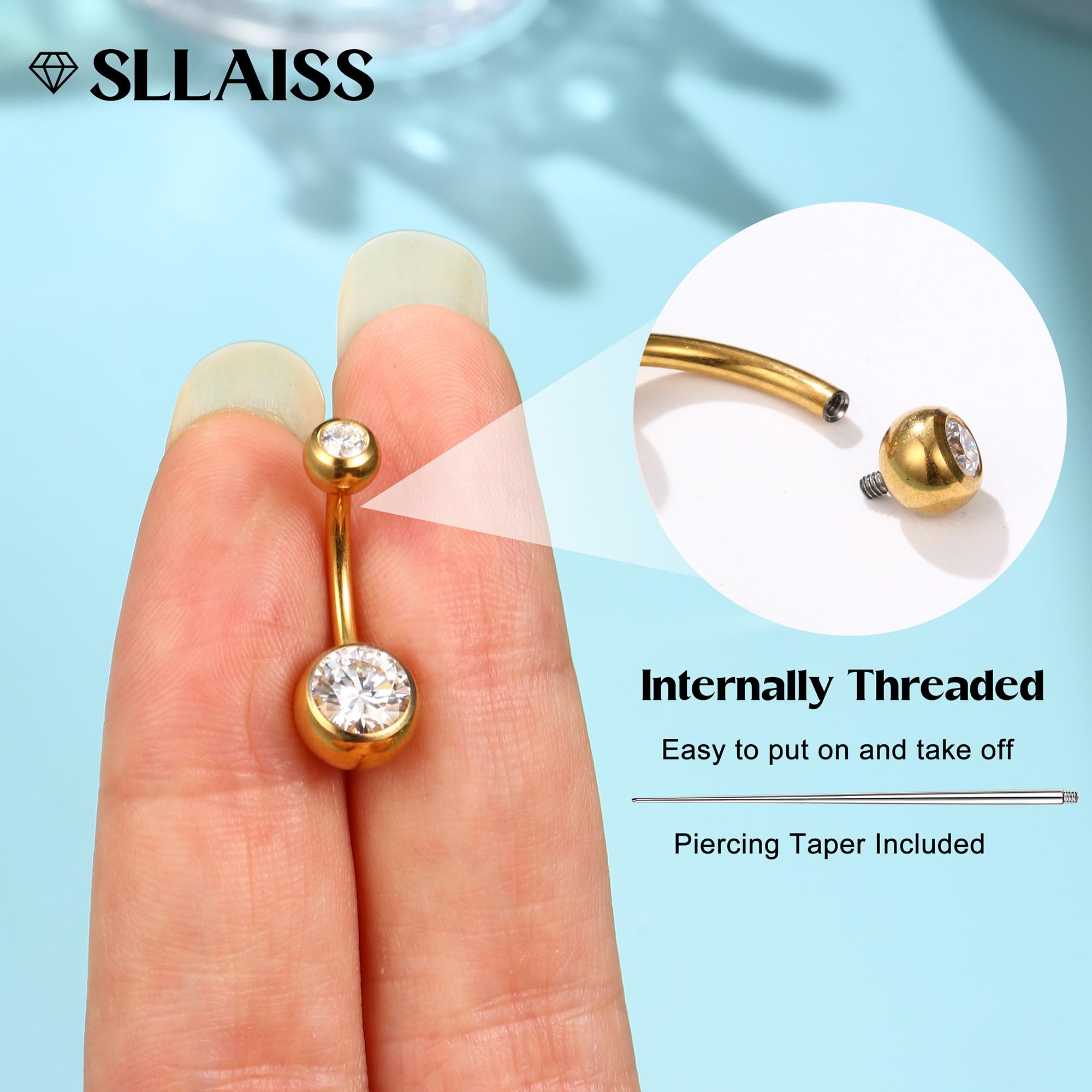 Sllaiss Piercing Ombligo Titanio G23 con Moissanita Brillante Calibre 14G y 10mm Piercings de Ombligo Mujer con Rosca Interna Hipoalergénico Joyería Corporal de Titanio Grado Implante Plata/Oro