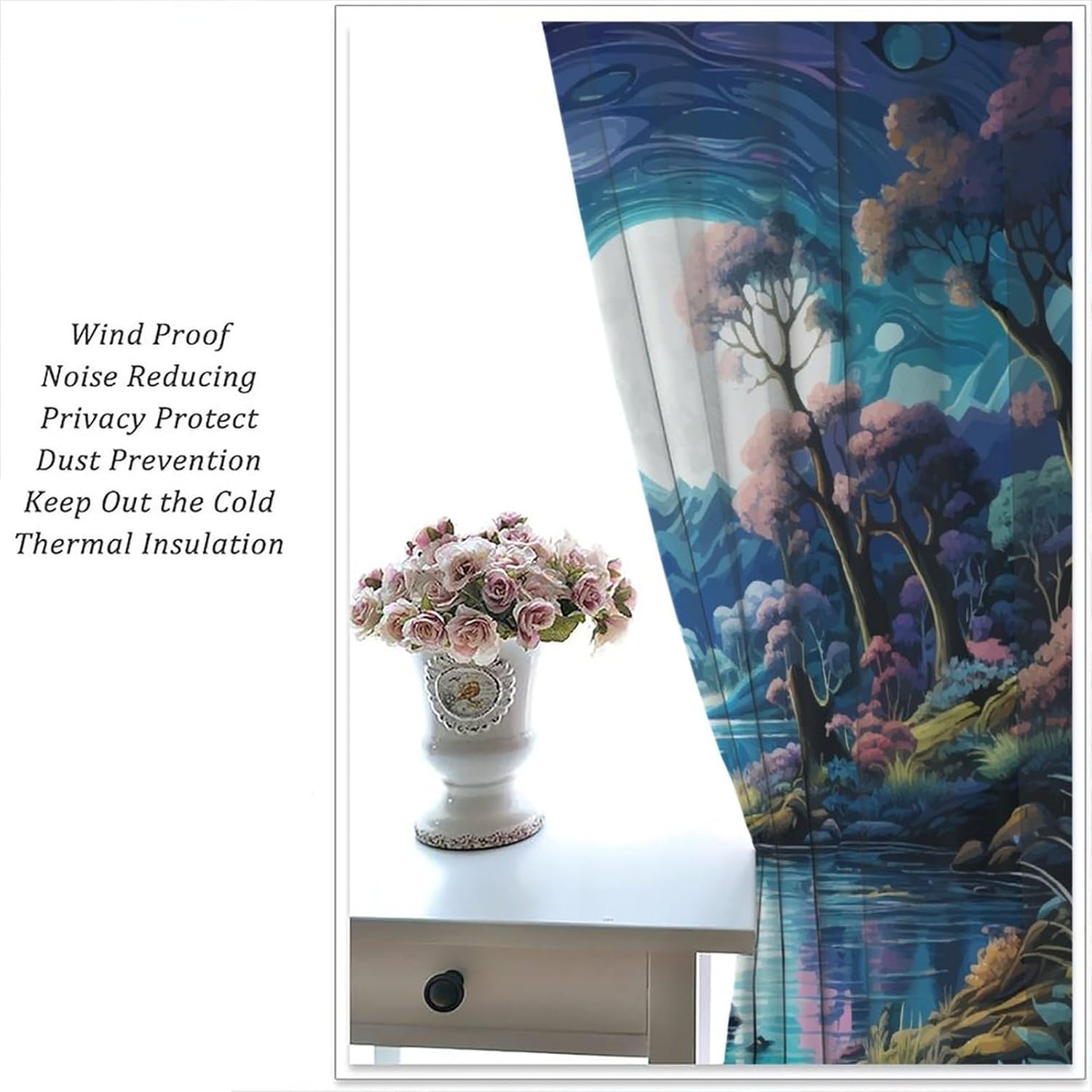 Fantasy Curtains Dream Landscape Lake Trees Clouds Full Moon Moonlight Starry Sky Fairytale Night Scene Magic Forest for Living Room Bedroom Children's Room Rod Pocket Blackout Window Drapes 42x45in