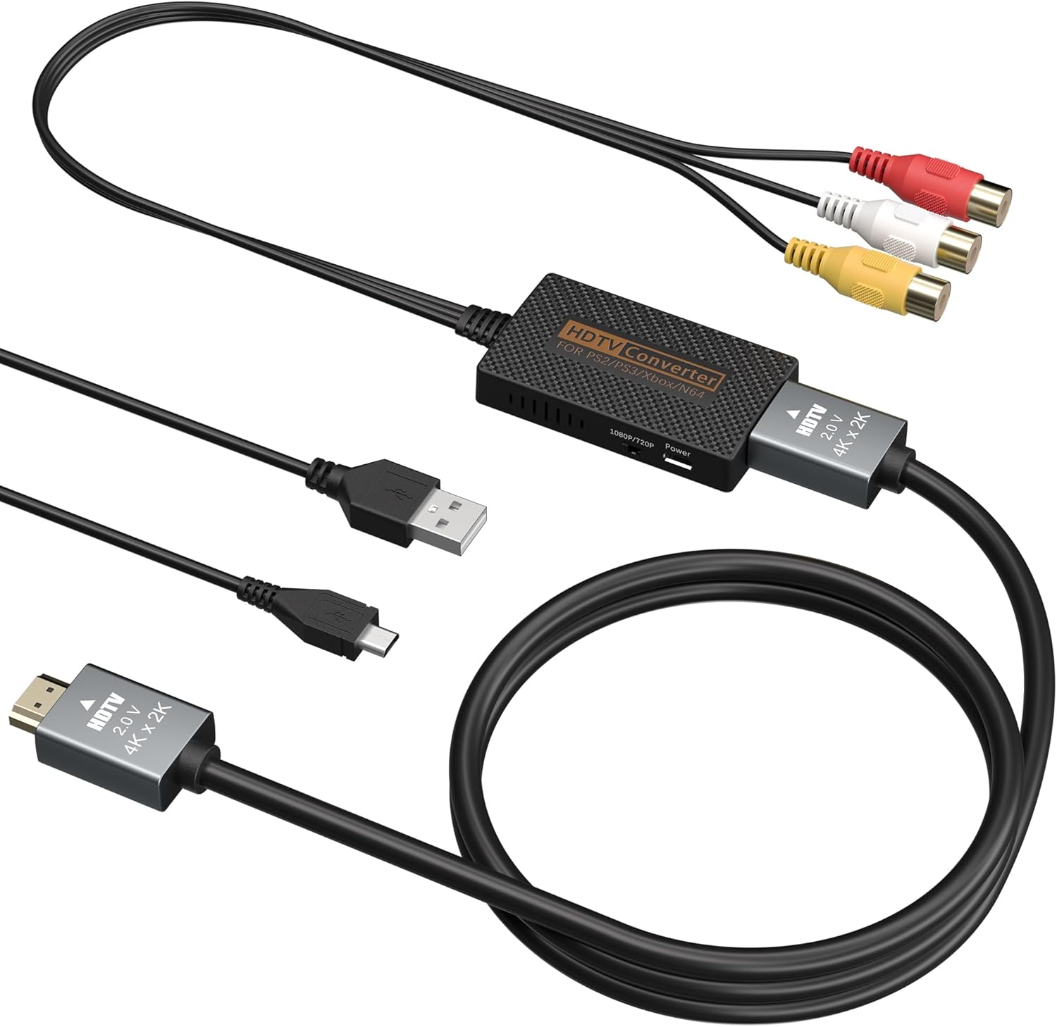 RCA to HDMI Converter, Composite AV to HDMI Converter Support 1080P with HDMI Cable for Xbox/Wii/PS1/PS2/PS3/GameCube/N64/VHS/VCR/DVR Players