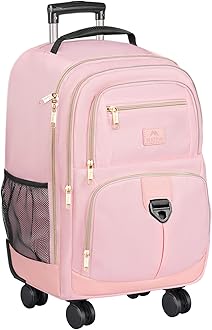 MATEIN Rolling Backpack for Women, 18 inch Roller Laptop Bag with 4 Wheels for Adult, Sturdy Wheeled Backpack Carry on Luggage, Extra Large Travel Bag Suitcase Back Pack for Work College Trips, Pink