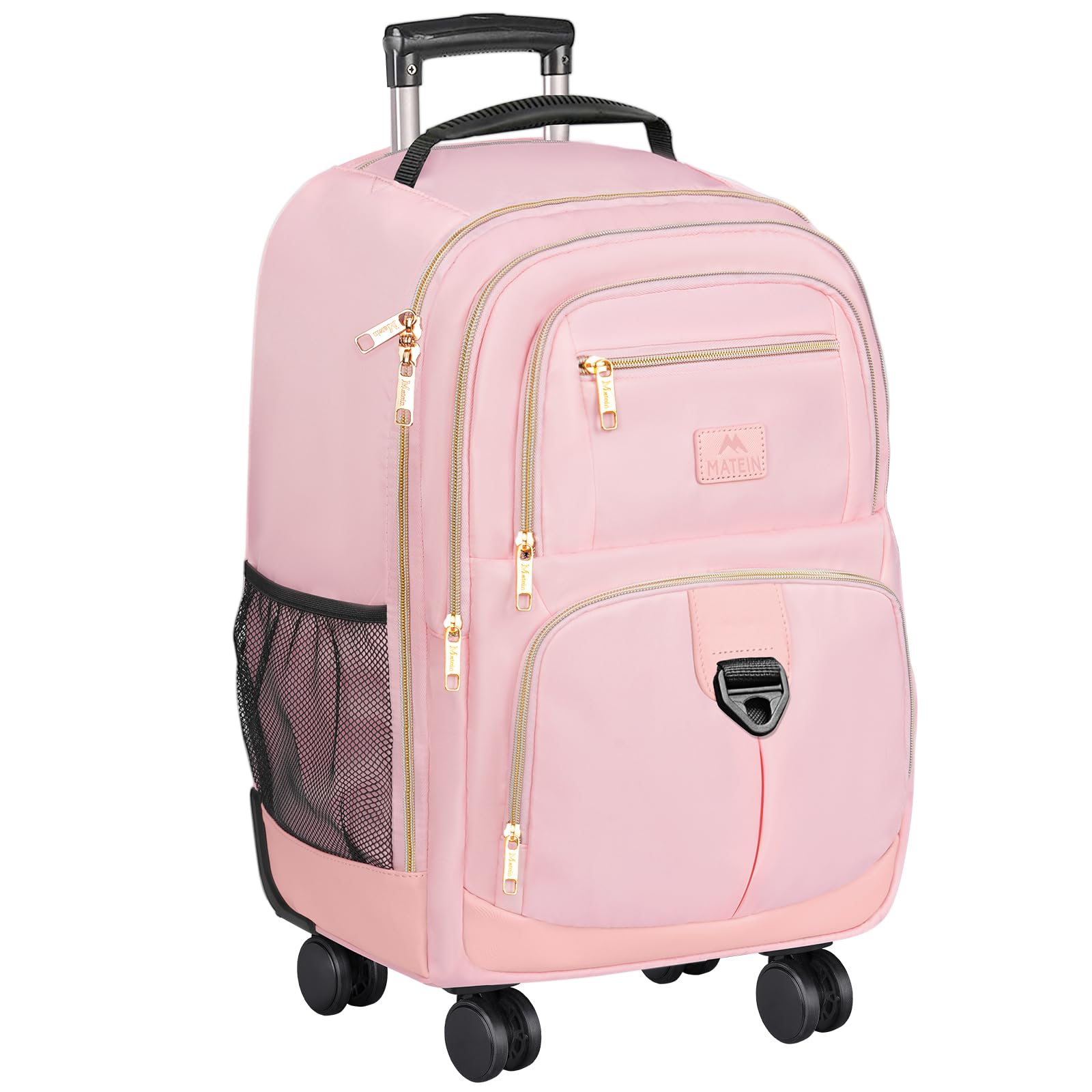 MATEIN Rolling Backpack for Women, 18 inch Roller Laptop Bag with 4 Wheels for Adult, Sturdy Wheeled Backpack Carry on Luggage, Extra Large Travel Bag Suitcase Back Pack for Work College Trips, Pink