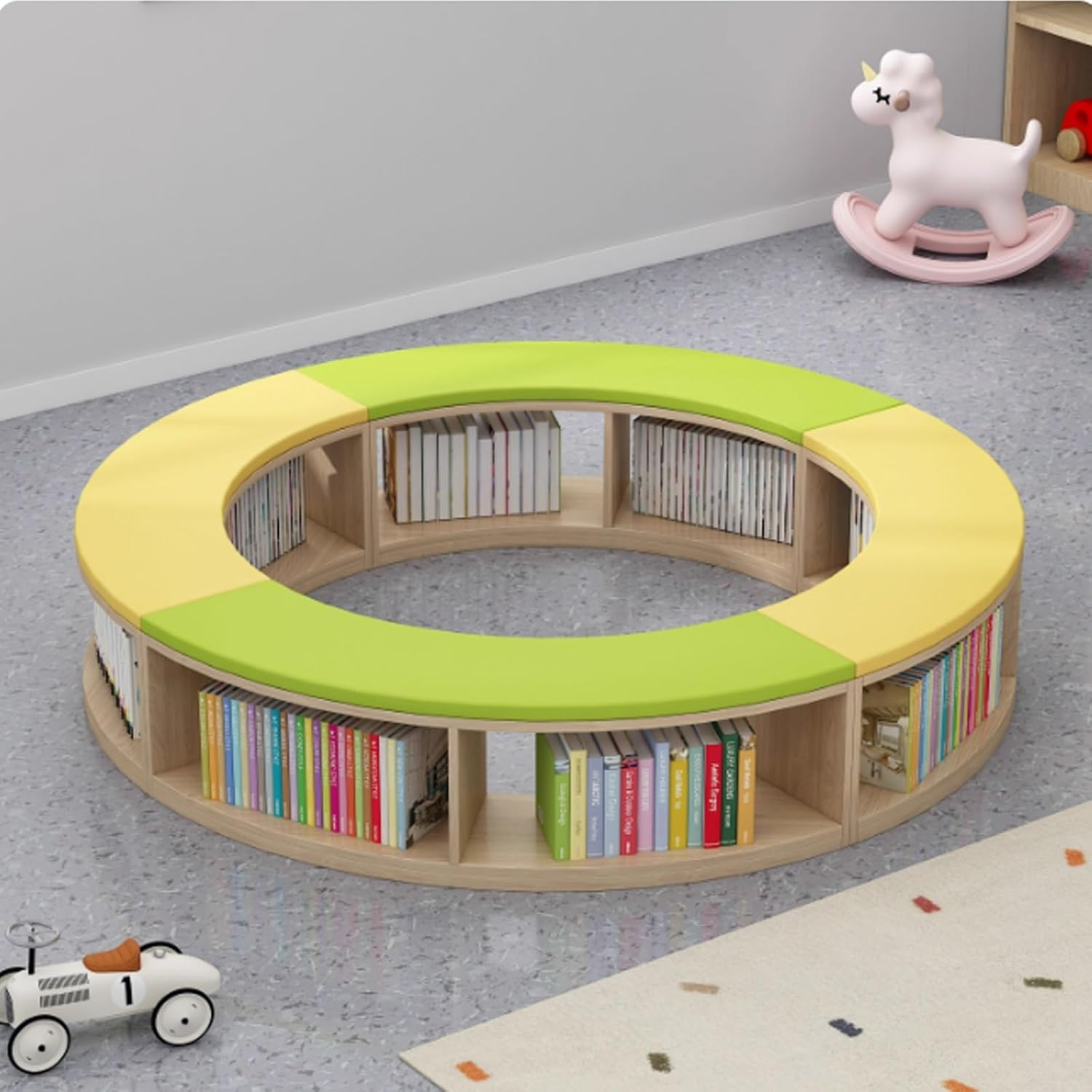 Sofa and Coffee Table Set with Bookcase,Card Holder Sofas,Cat Scratch-Resistant Fabric,Wear-Resistant,for Children's Lounge Area Kindergarten Tutoring Class(C)