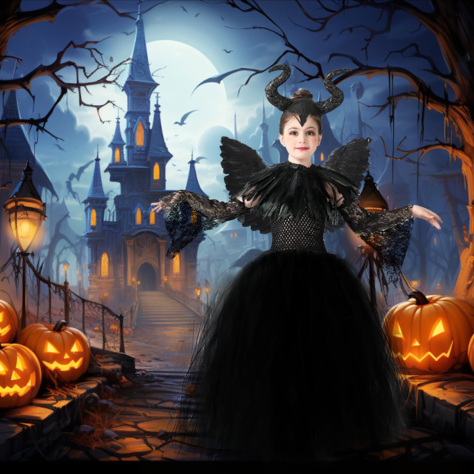 5 Piezas Disfraz de Maléfica Niña: Reina Bruja Malvada Vestido para Niños con Tocado de Cuernos y Capa de Alas Negras para Halloween Carnaval Cosplay Fiesta Traje
