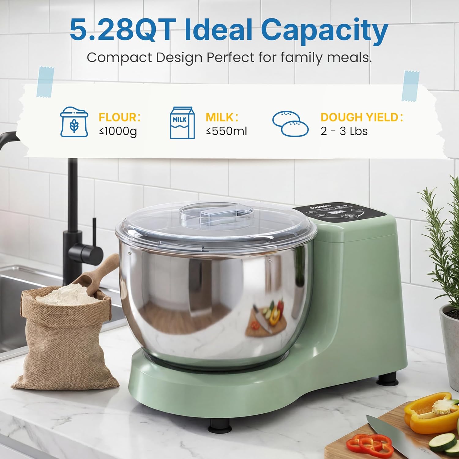 5.3 QT Electric Dough Mixer Maker, Fermenting and Kneading Flour Mixer Machine with Stainless Steel Bowl & Time Control, Green Stand Mixer for Baking Bread Cake Pizza & Sourdough