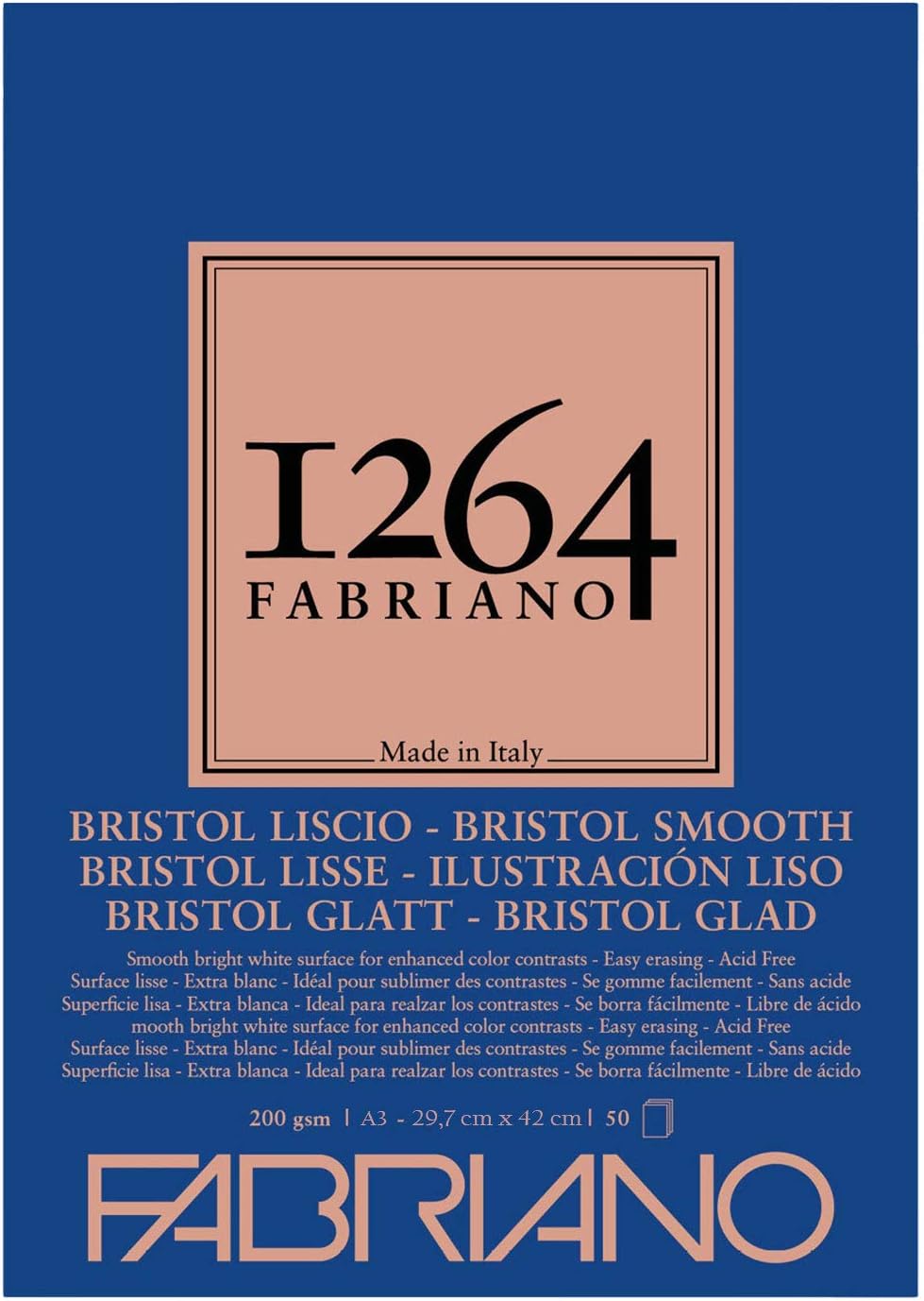 Honsell 19100655 Fabriano Bristol Pad 1264, 4 Glued, 200 g/m², DIN A3, 50 Sheets of White, Extra Smooth Paper, Acid Free, Ideal for All Drying Techniques and Light Wet Techniques