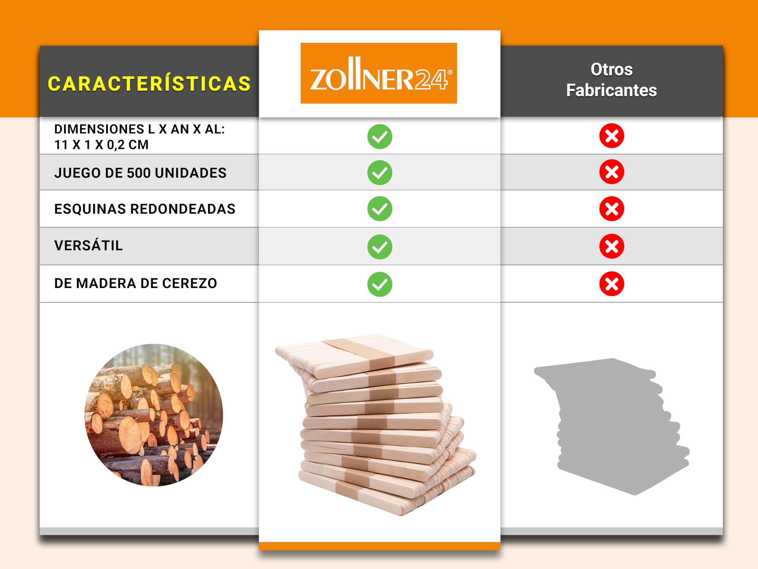 Zollner24: Palitos para helados: 500 palitos de madera natural, 11 x 1,1 cm, ecológicos y sin astillas, perfectos para manualidades