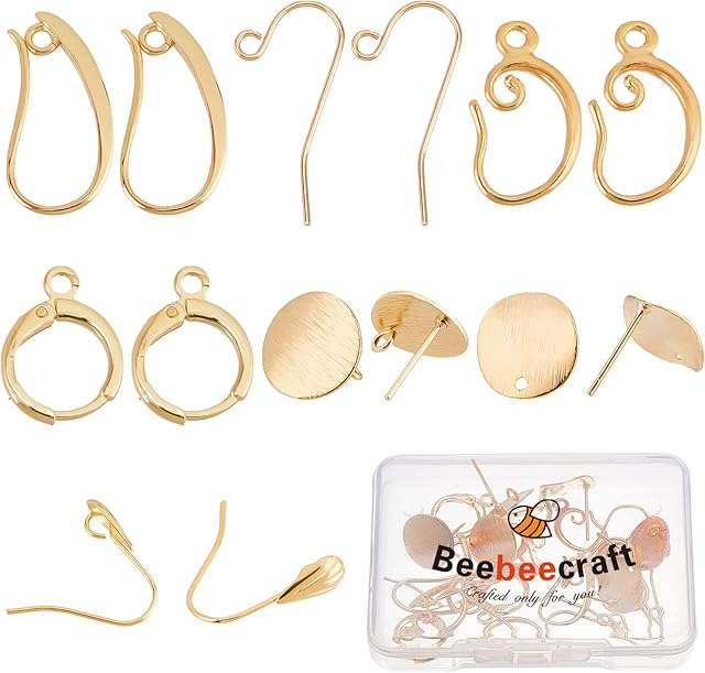 Beebeecraft 28Pcs 7 Style 18K Real Gold Plated Studs Earrings Hooks and Hoops Set with Loop for Women Girl Jewelry Making DIY Crafts