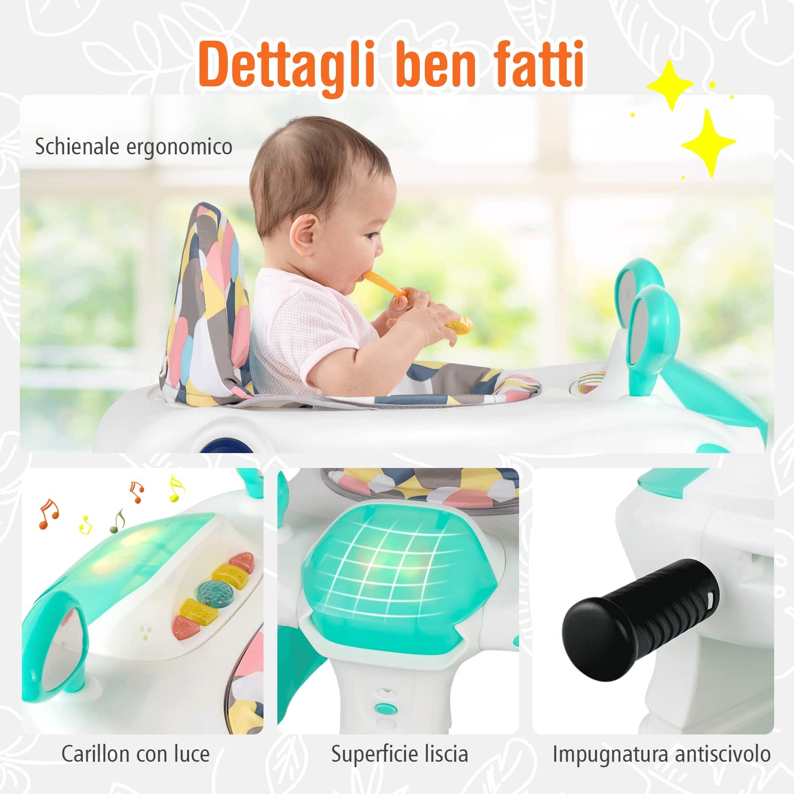 GYMAX Girello per Bambini, Design 2 in 1, con Sedile Regolabile e Ruote Universali, Girello Dotato di Illuminazione e Musica per Bambini dai 6 a 18 Mesi, 73 x 59,5 x 50,5cm (verde)