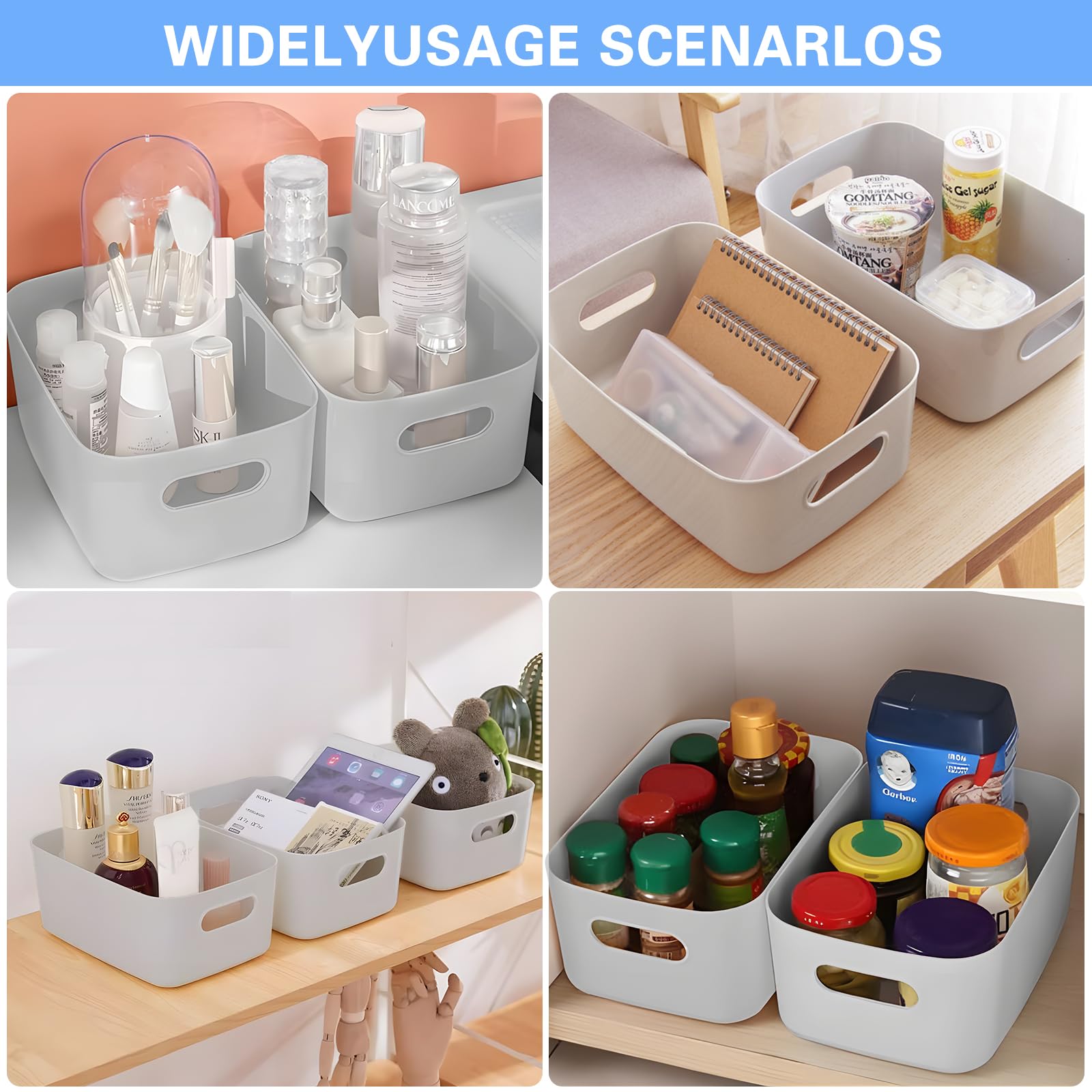 12 Pezzi Cestino Portaoggetti Plastica,Cestini Portaoggetti Plastica,Scatole Organizer,con Manici,per Bagno,Cosmetici,Armadio,Contenitori Salvaspazio Cucina.(Grigio)
