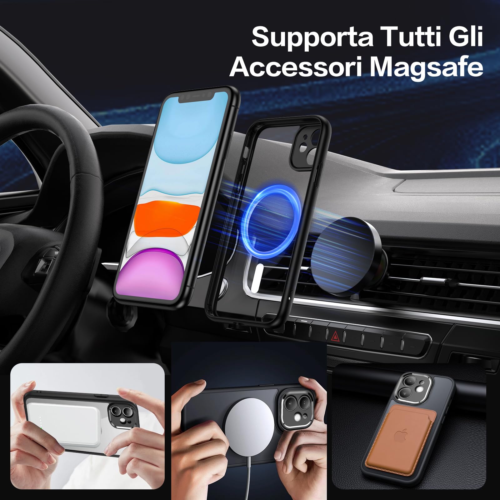 Bimanpap Cover Magnetica per iPhone 11，Comaptibile con Magsafe, [con 2 Pellicola Vetro Temperato] Custodia con Magneti, trasparente Posteriore Sottile Antiurto Protettiva Case (Nero)