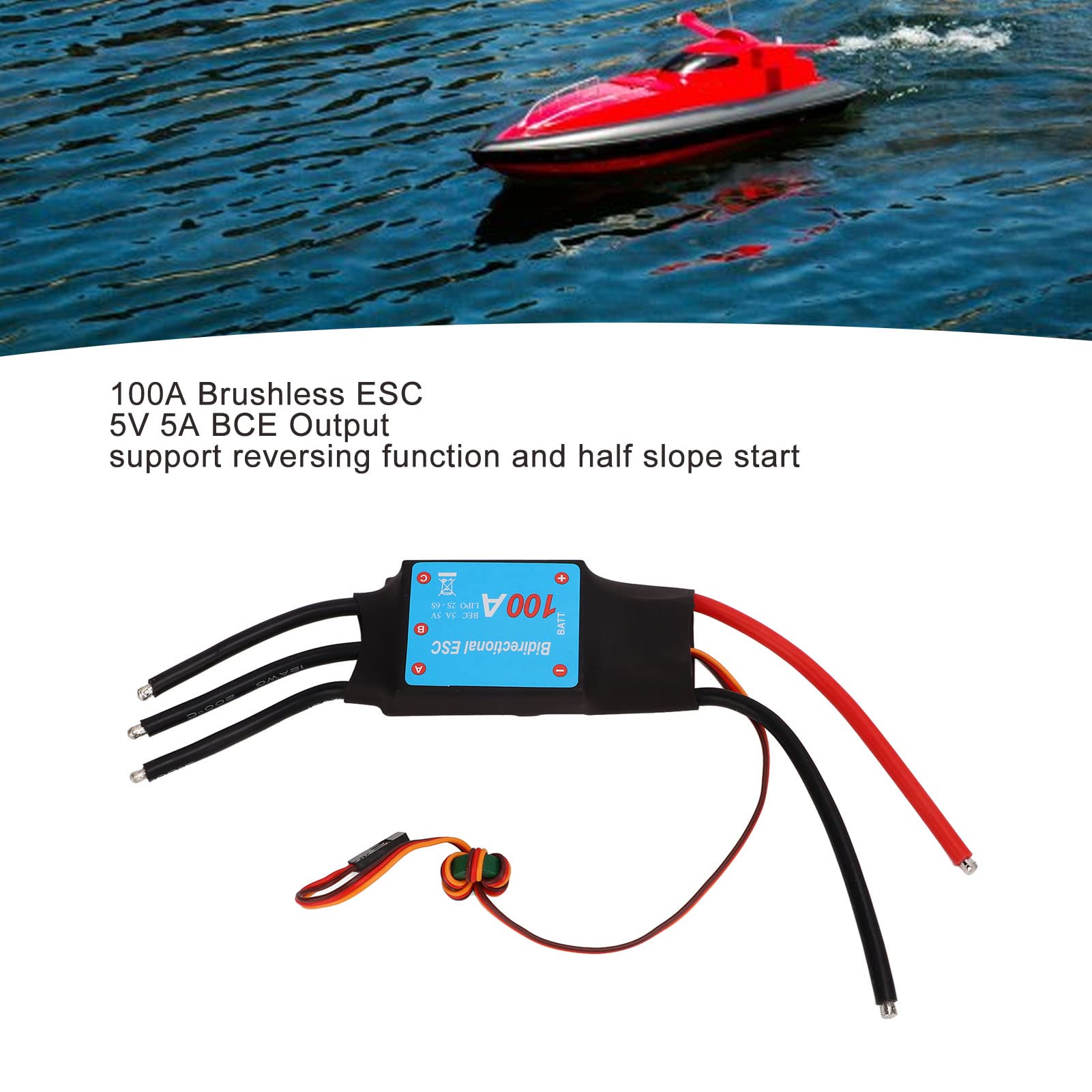 RC Boat 100A ESC bezszczotkowa czarna edycja z wyjściem 5 V 5 A BEC i funkcją automatycznego uczenia się do precyzyjnej kontroli łodzi RC, w tym wydajność śmigieł podwodnych