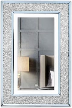 CARME Valentina Collection - Grey Luxury Wall Mirror with Touch Sensor LED Lights - Crushed Diamond - Glass Design - Bedroom - Living Room - Hallway