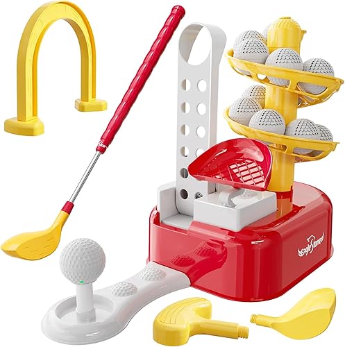 Miniatura 9 de EagleStone Juego de golf para niños con sombrero juego de juguetes de golf con 15 pelotas de golf de entrenamiento equipo de clubes juego de