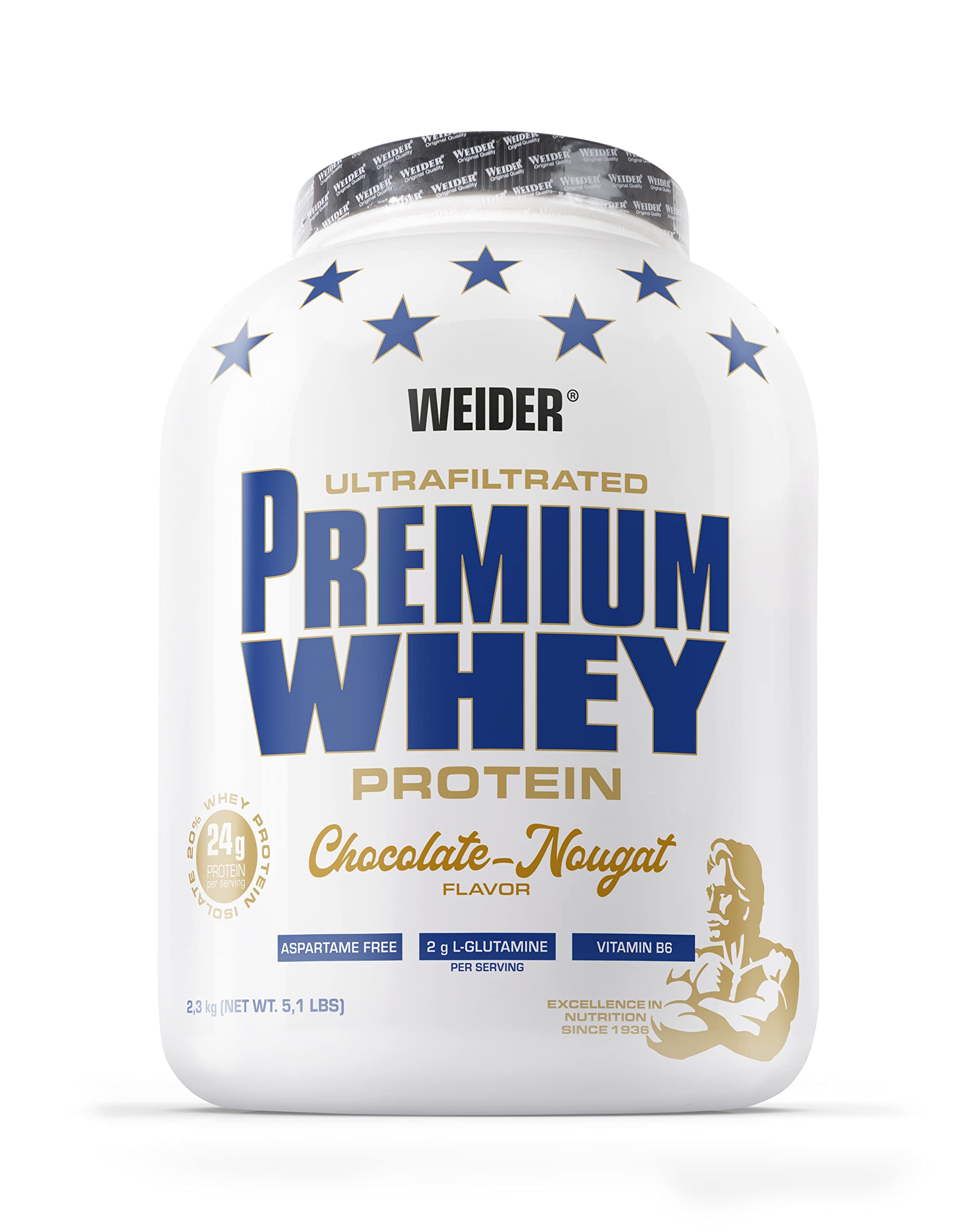 Weider Premium Whey Protein Powder, 2,3kg, Torrone al Cioccolato | Alto Contenuto Proteico, Basso Carboidrati e Grassi, Con L-Glutammina e Vitamina B6