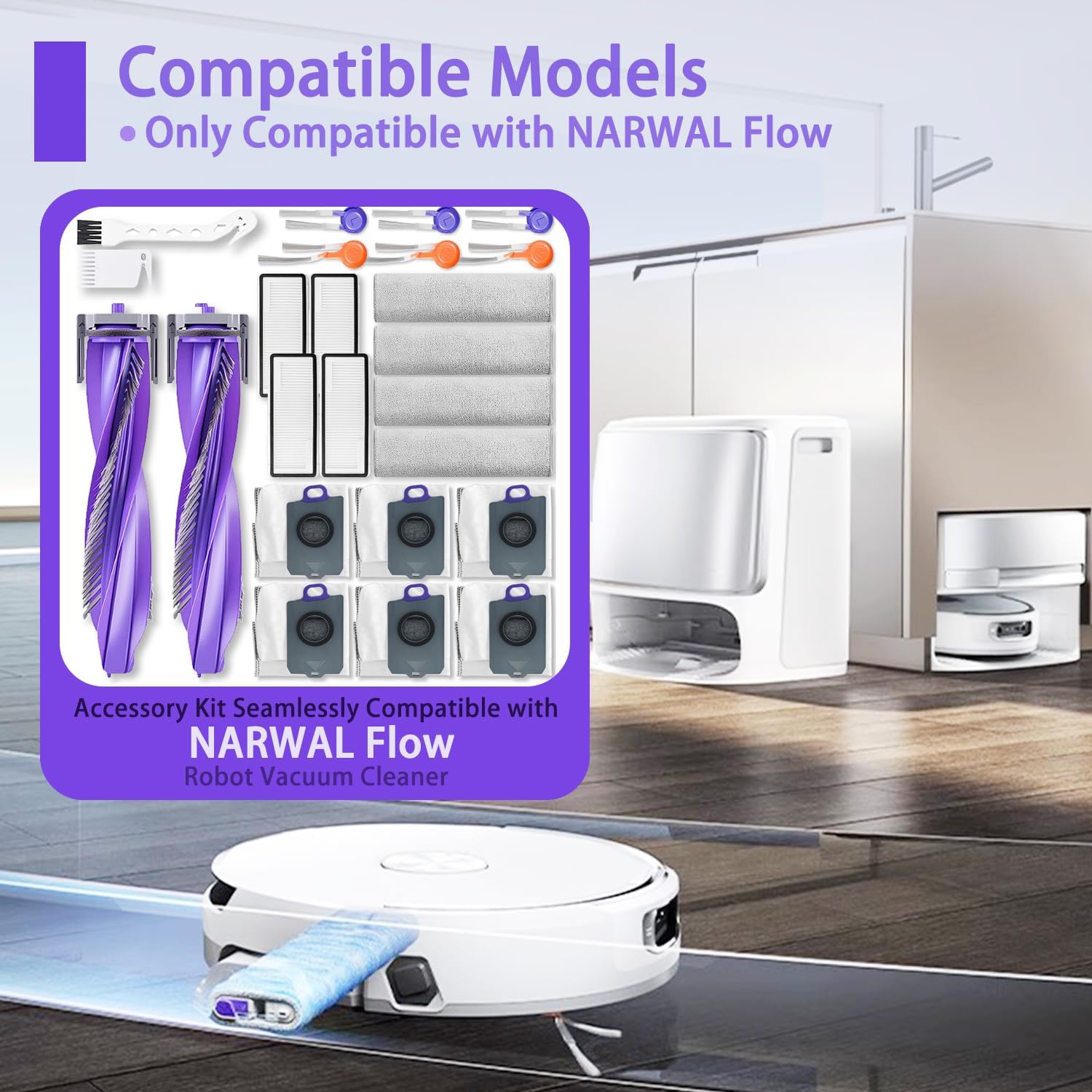 Replacement Accessories Kit Compatible with Narwal Flow Robot Vacuum Cleaner Parts 2 Main Brush 4 Track Mop Cloth 4 HEPA Filter 6 Dust Bag 6 Side Brush