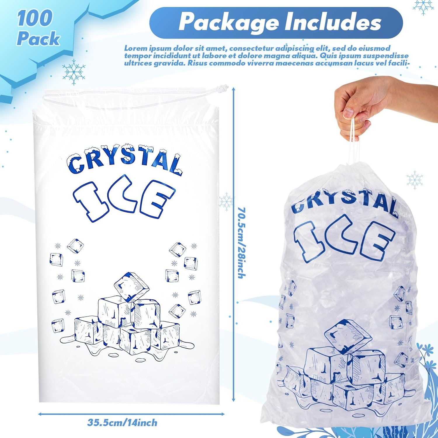 100 Pcs 20 lb Plastic Ice Drawstring Bag 28 x 14 Inch Drawstring Pack Clear Plastic Packaging Storage for Ice Storage with Draw String Closure