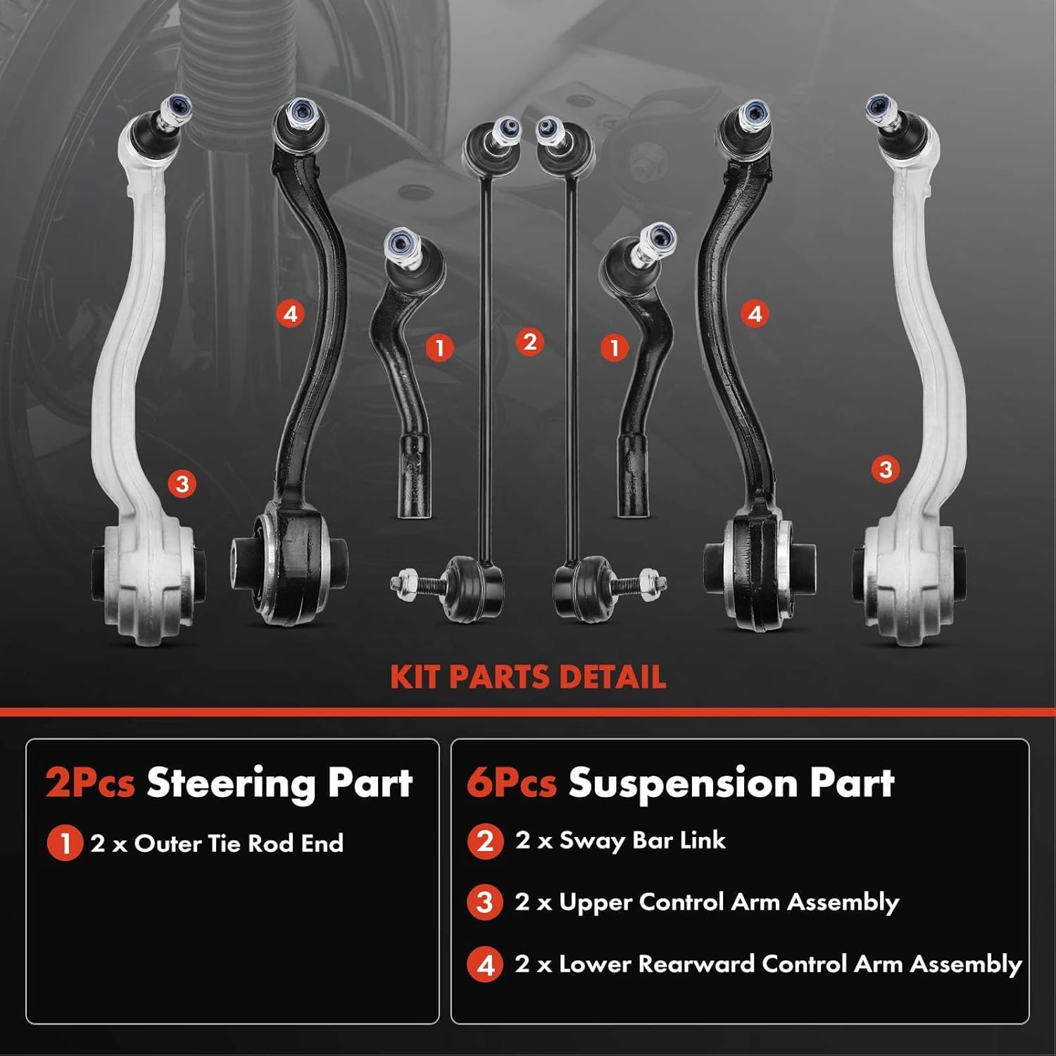 A-Premium Set of 8, Front Upper & Lower Rearward Control Arm, Sway Bar Link, Outer Tie Rod End, Compatible with Mercedes-Benz - 01-09- C230 C240 C280 C320 C350 CLK320 CLK350 CLK500 CLK550 CLK55 AMG