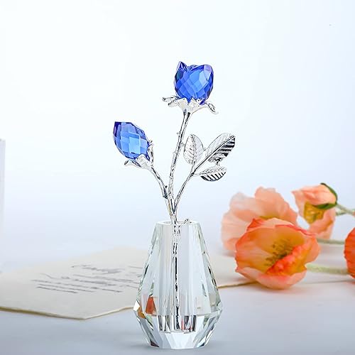 Miniatura 6 de H&D HYALINE & DORA Estatuilla de cristal de cristal con tallo de metal plateado y rosas de cristales azules, regalo de boda para mujer, decoración