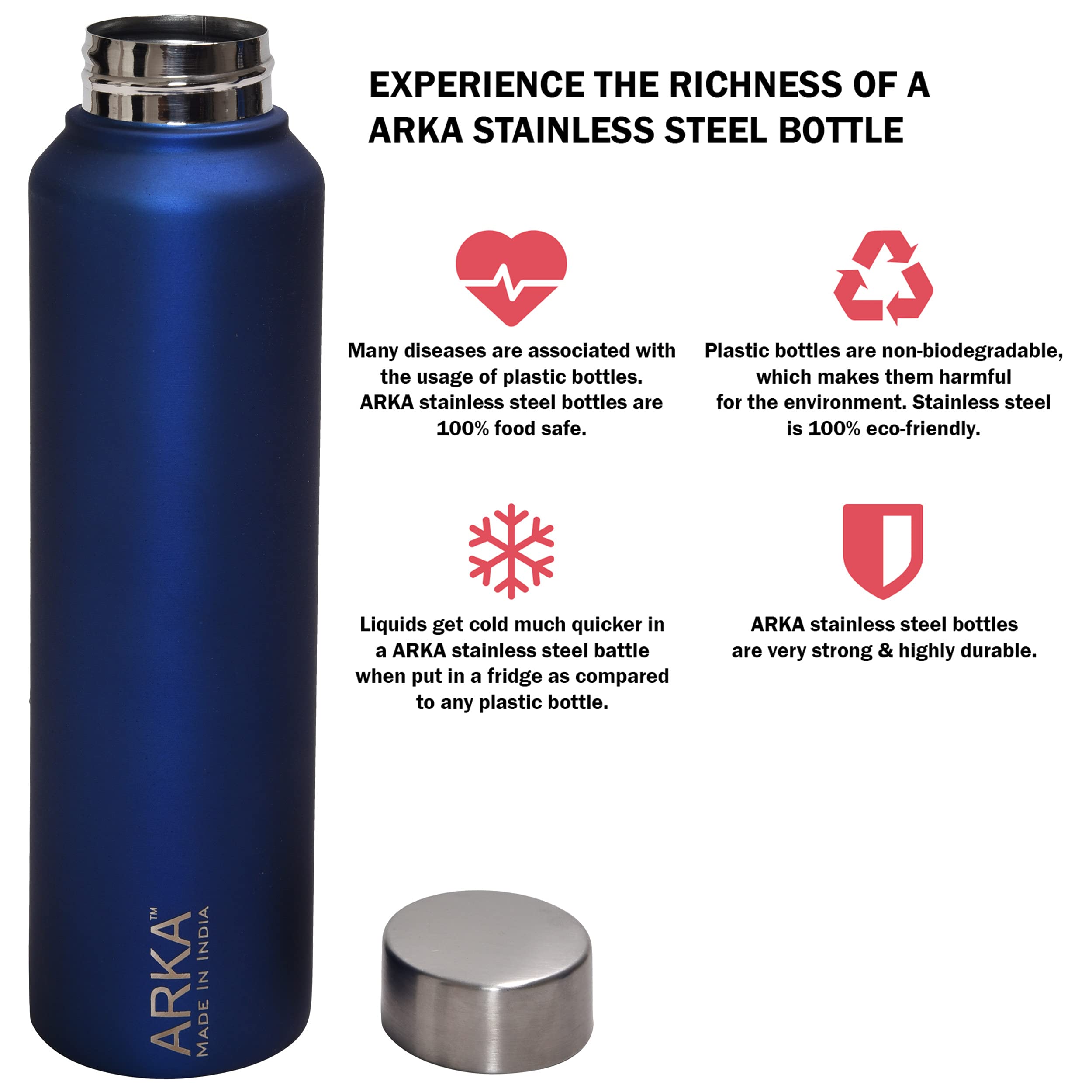 Arka Stainless Steel Chromo Water Bottle, 2-Piece, 1 Liter Each,Matt Blue Ideal to Store All Beverages 2
