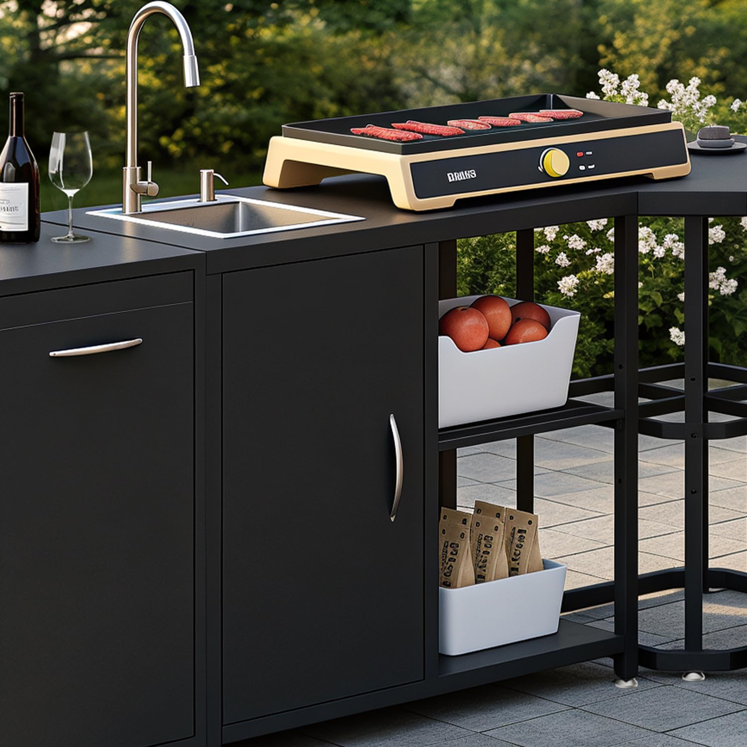 Grilltisch mit Spüle & Wasserhahn für Outdoor Küche, BBQ Beistelltisch mit Stauraum, Höhenverstellbar, Schwarz