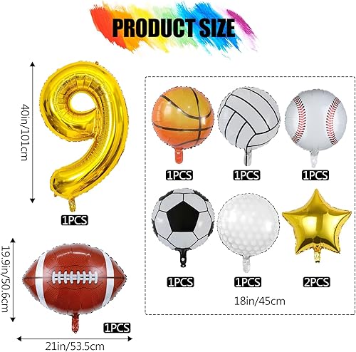 Miniatura 9 de 9 globos deportivos, fútbol, baloncesto, béisbol, voleibol, golf y fútbol, globo de aluminio de Mylar con número de cumpleaños deportivo,