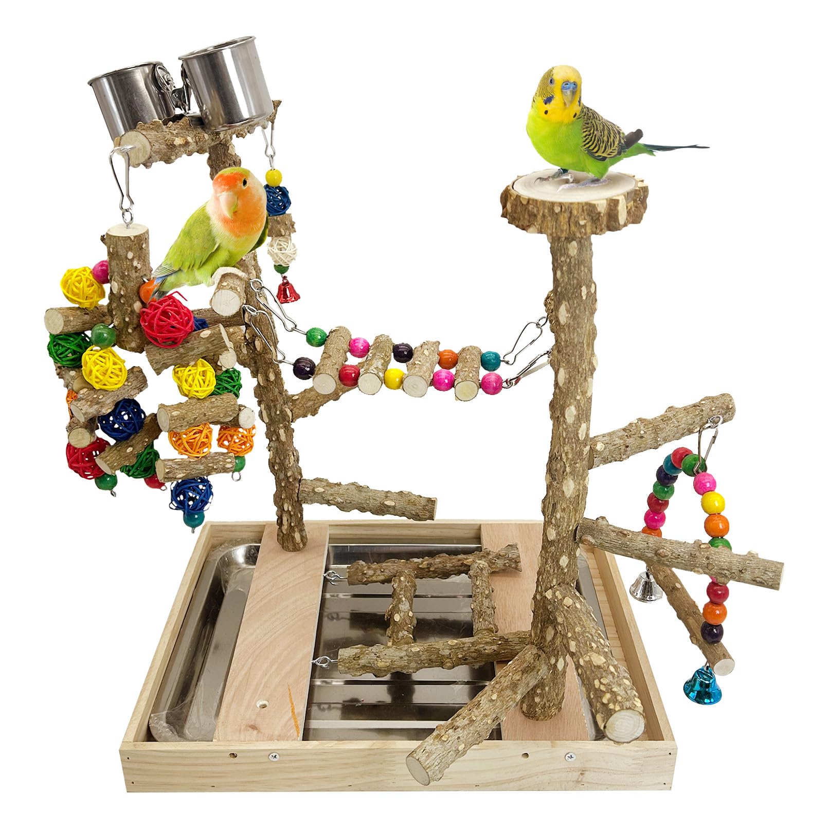 PINVNBY Bird Playground Natural Wood Parrot Perch Stand Bird Play Gym Colorful Ladder Swing Chewing Toys with Metal Tray and 2 Stainless Steel Cups Cage Accessories for Conure Cockatiel Parakeet