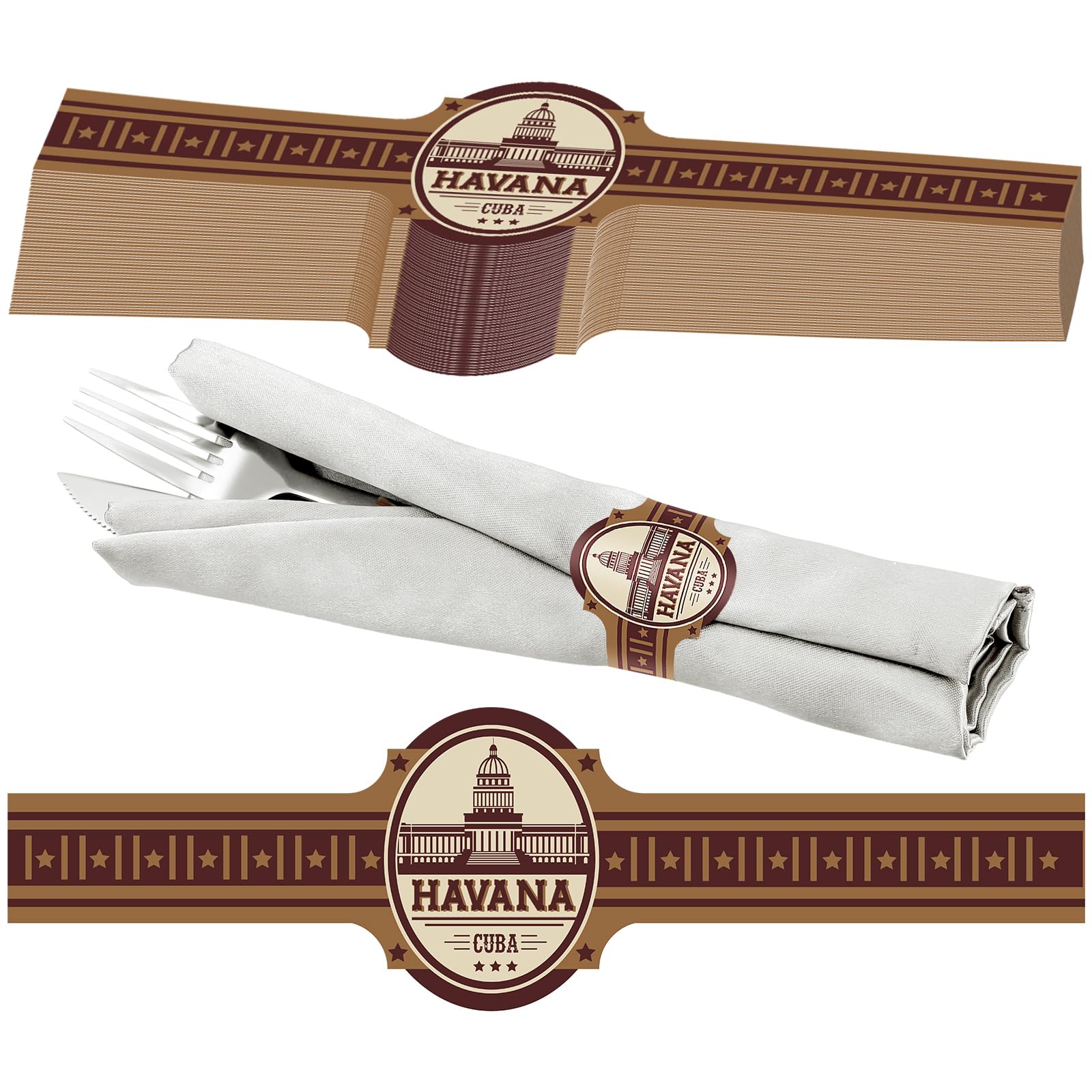Gandeer Cuban Cigar Wrapper Napkin Rings Tableware Wraps Bands Self Adhesive Paper Napkin Rings Havana Party Supplies Dinner Table Decoration(48 Pcs)