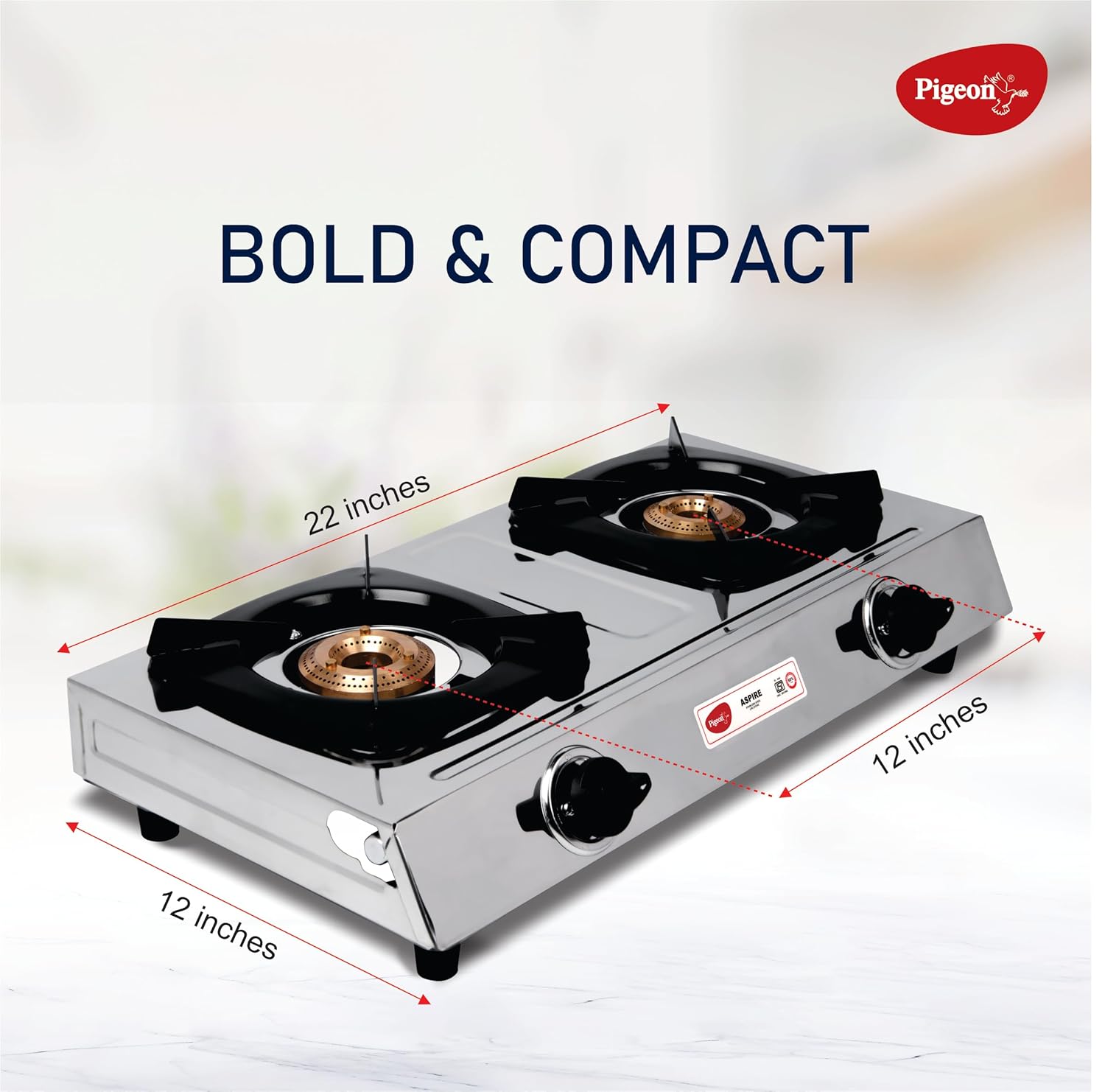  Pigeon Aspire Stainless Steel Gas Stove 2 Burner Manual Ignition Brass Burner ISI Certified, measurements