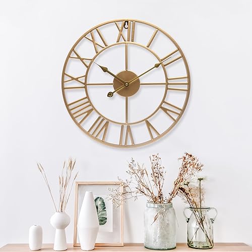 Miniatura 8 de Reloj de pared grande de 19 pulgadas con números romanos dorados, reloj de metal, funciona con pilas, silencioso, sin tictac, reloj moderno redondo