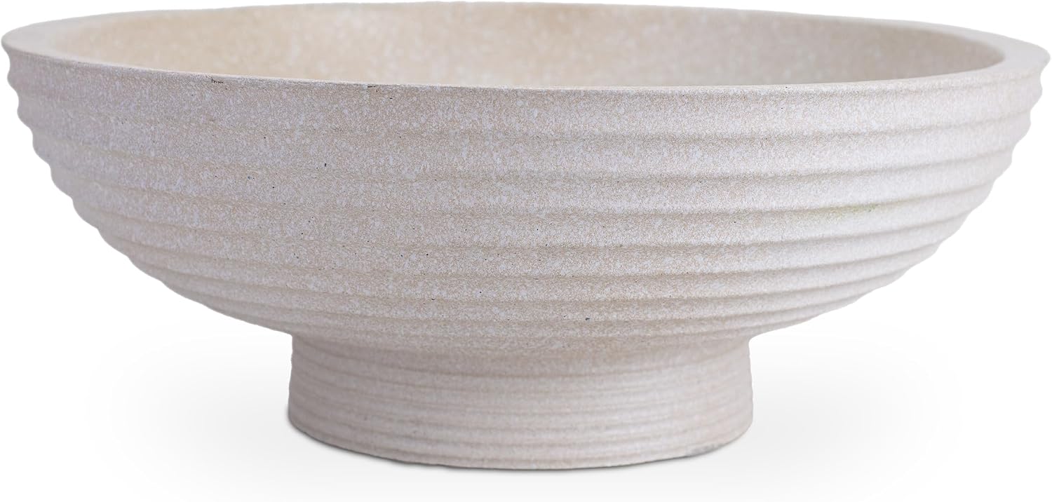 Minimalist Decorative Pedestal Bowl, 11.2''D Resin Horizontal Stripes Catch All Bowl for Keys, Candles, Boho Large Dish for Coffee Table Centerpiece, Entryway Console Table, Beige White