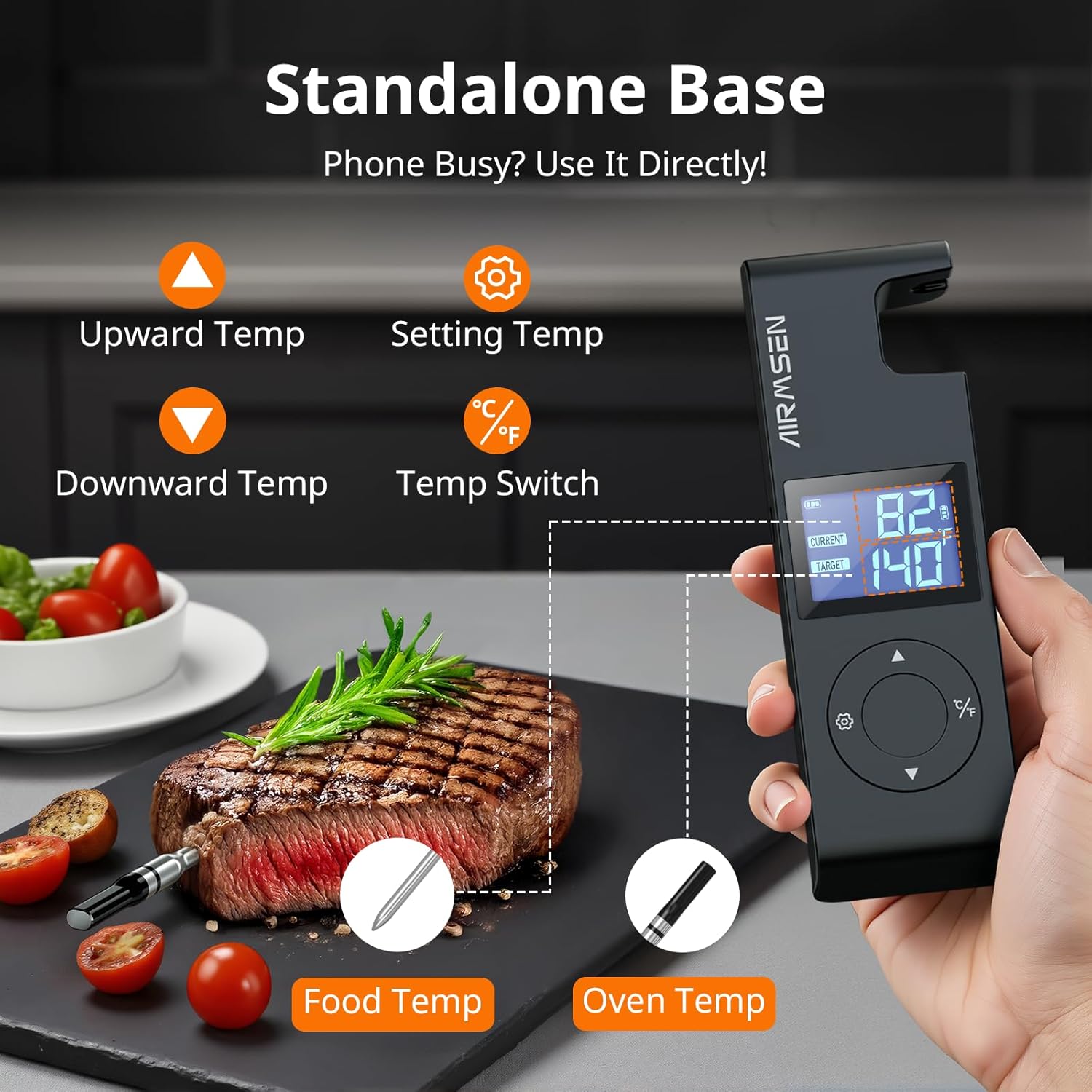 Diagram of the AIRMSEN thermometer base with labeled buttons and LCD display showing current and target temperatures.