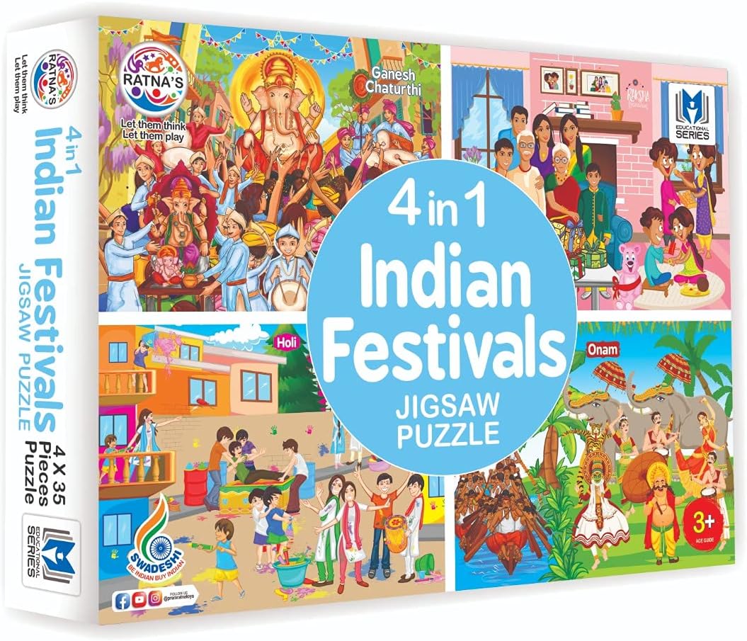 Ratna's 4 in 1 Indian Festivals Jigsaw Puzzle for Kids | 4 Jigsaw Puzzles with 35 Pieces Each for Festivals Like Ganesh Chaturthi, Raksha Bandhan, Holi & Onam Puzzle for Kids 3+ Years