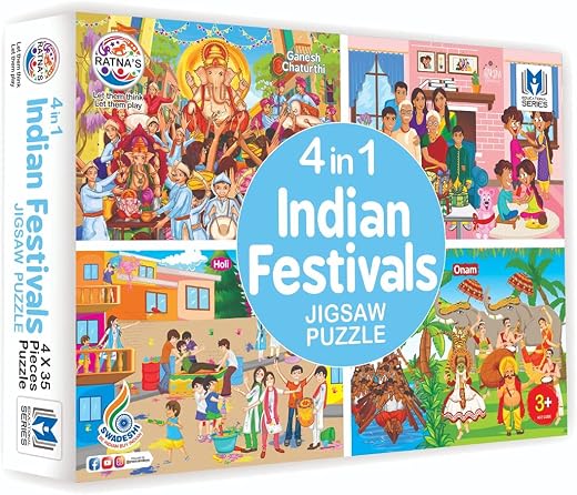 Ratna's 4 in 1 Indian Festivals Jigsaw Puzzle for Kids | 4 Jigsaw Puzzles with 35 Pieces Each for Festivals Like Ganesh Ch...