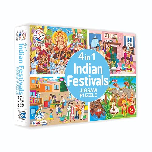 Ratna's 4 in 1 Indian Festivals Jigsaw Puzzle for Kids | 4 Jigsaw Puzzles with 35 Pieces Each for Festivals Like Ganesh Chaturthi, Raksha Bandhan, Holi & Onam Puzzle for Kids 3+ Years
