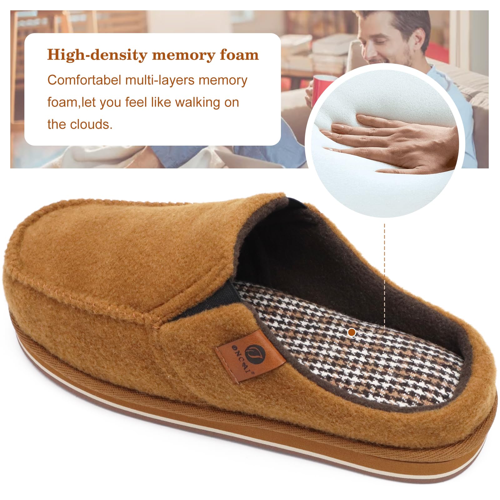 ONCAI Pantofole da Uomo in Comfort Pelo Cotone Strisce Ciabatte da Casa in Lana con Memory Foam Supporto Arco Suola in Gomma Taglia 40-50