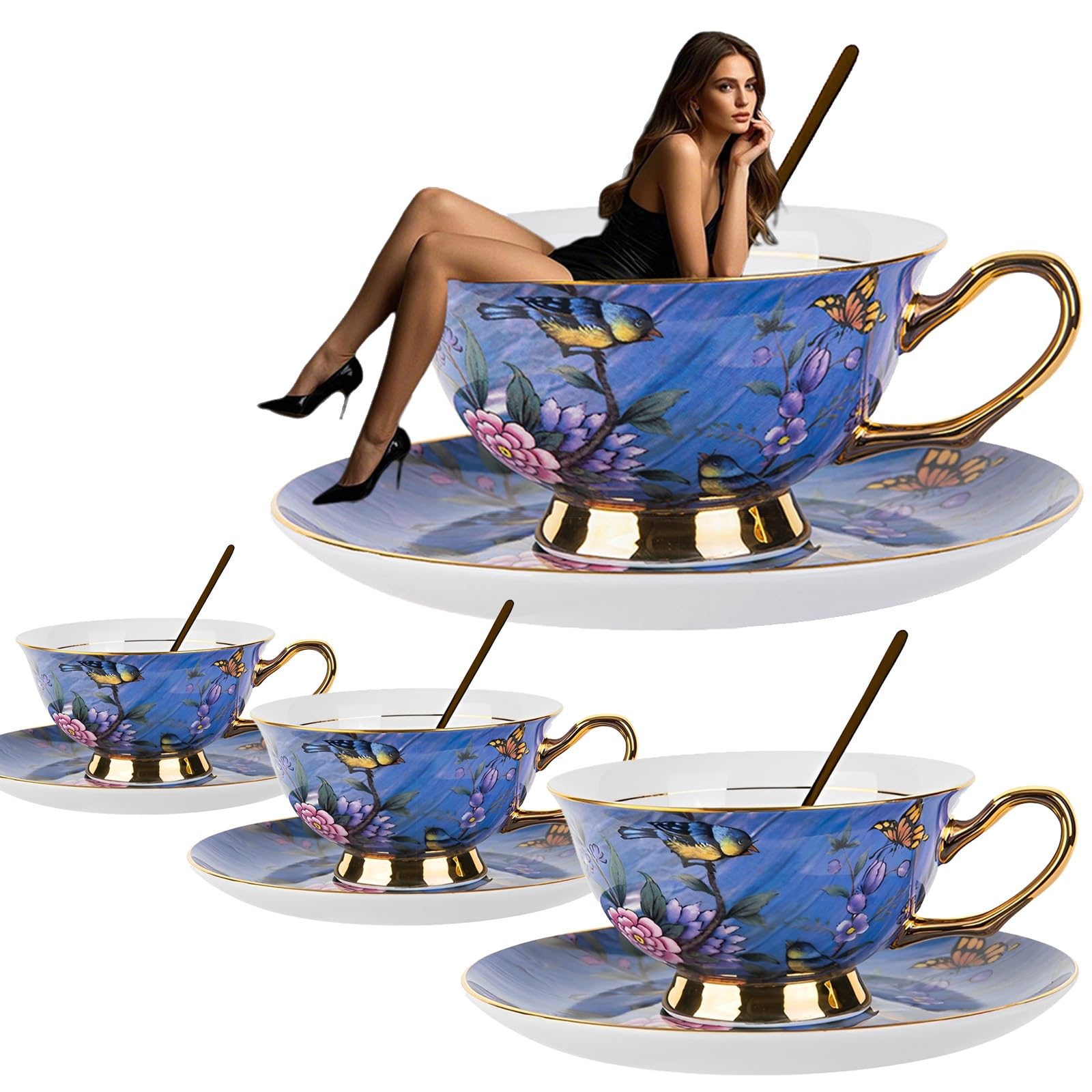 Zestaw filiżanek i spodków z porcelany kostnej w stylu euro, filiżanka do kawy z porcelany kostnej z łyżeczką i spodkiem, ceramiczna filiżanka do kawy dla kobiet herbata przyjęcie lub prezent