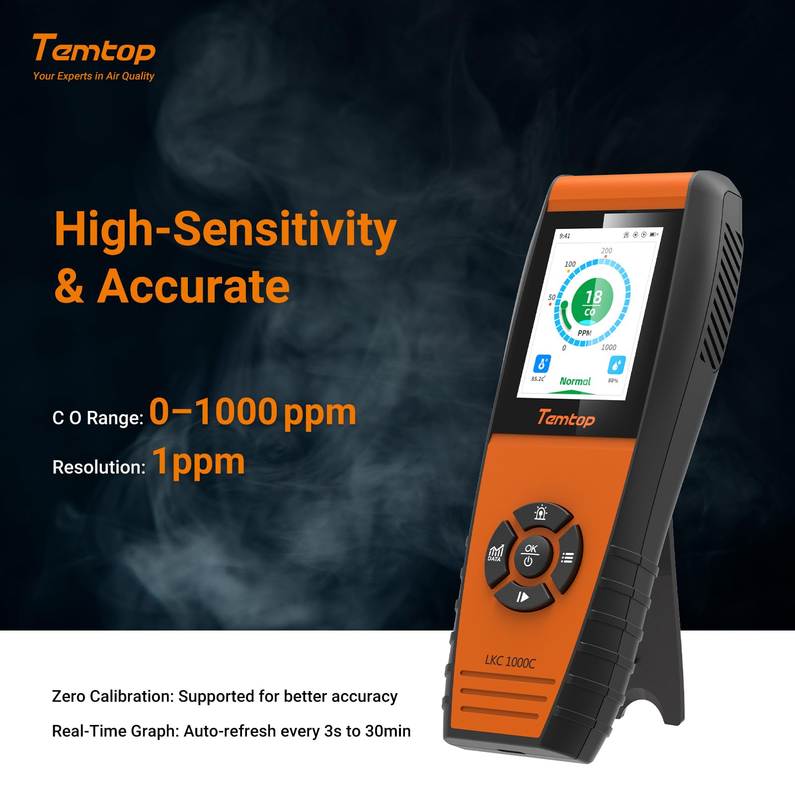 Temtop LKC-1000C Portable C-O-Detektor mit Temperatur- und Feuchtigkeitsanzeige, Messbereich 0–1000 ppm, TFT-Farbdisplay, individuelle Alarme für zu Hause/Garage/Sicherheitsüberwachung