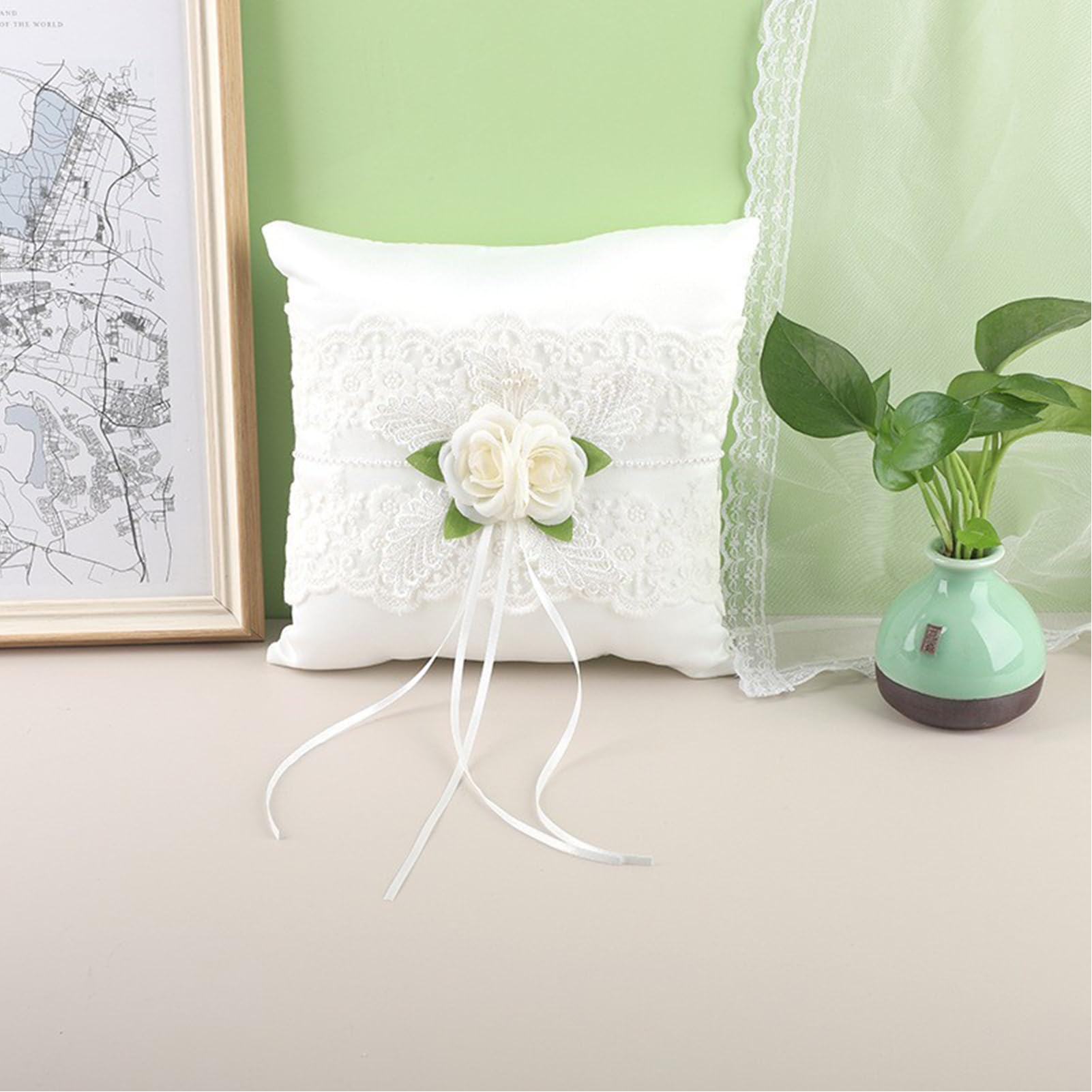 Wedding Flower Girl Basket & Ring Pillow Set - Lace Design With Pink Flowers