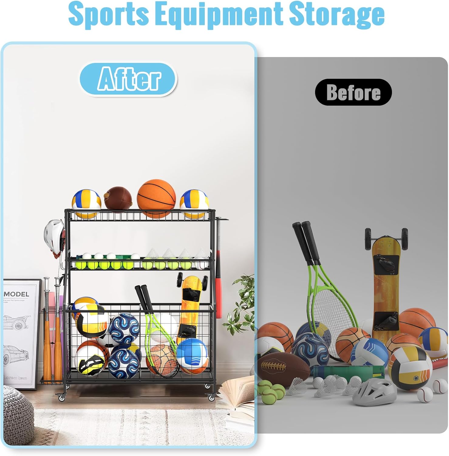 Sports Equipment Garage Organizer - Heavy Duty Garage Organization Ball Storage Rack with Basket, Hooks and Rolling Cart for Sports Gear and Toy Storage, Indoor/Outdoor Use, Black - Image 7
