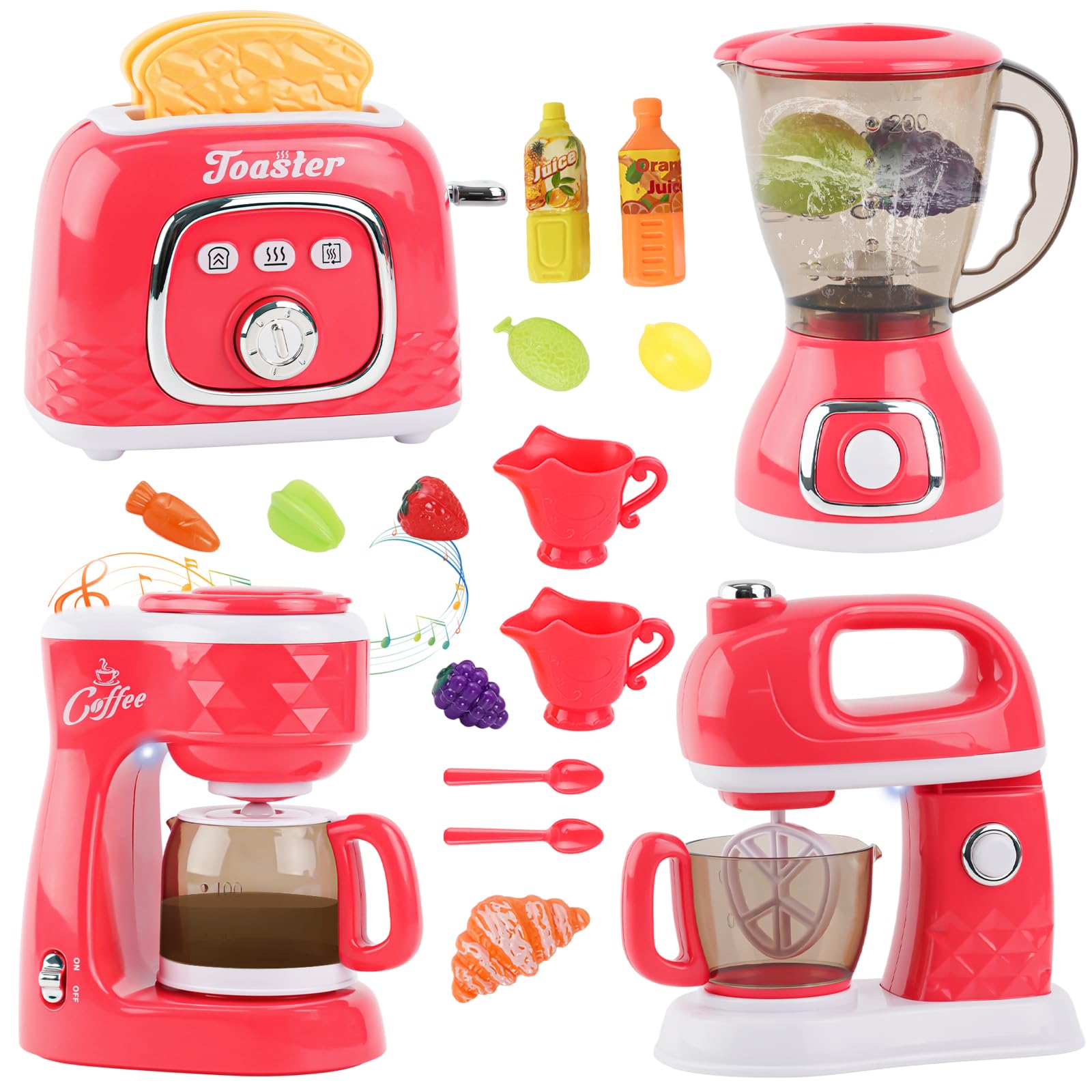 Ensemble d'appareils de cuisine pour enfants avec machine à café, mixeur, grille-pain, batteur, accessoires de cuisine pour enfants, jouets de cuisine de jeu avec aliments, avec lumière et son, jeux