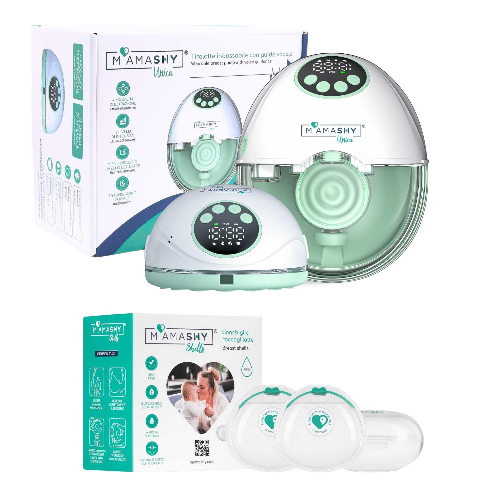 MAMASHY Unica Go – Tiralatte Elettrico Portatile e Silenzioso con 6 Taglie, Guida Vocale IT, 4 Modalità, 12 Intensità, 5 Adattatori Silicone, 2 Coppette Raccogli Latte, Accessori Inclusi