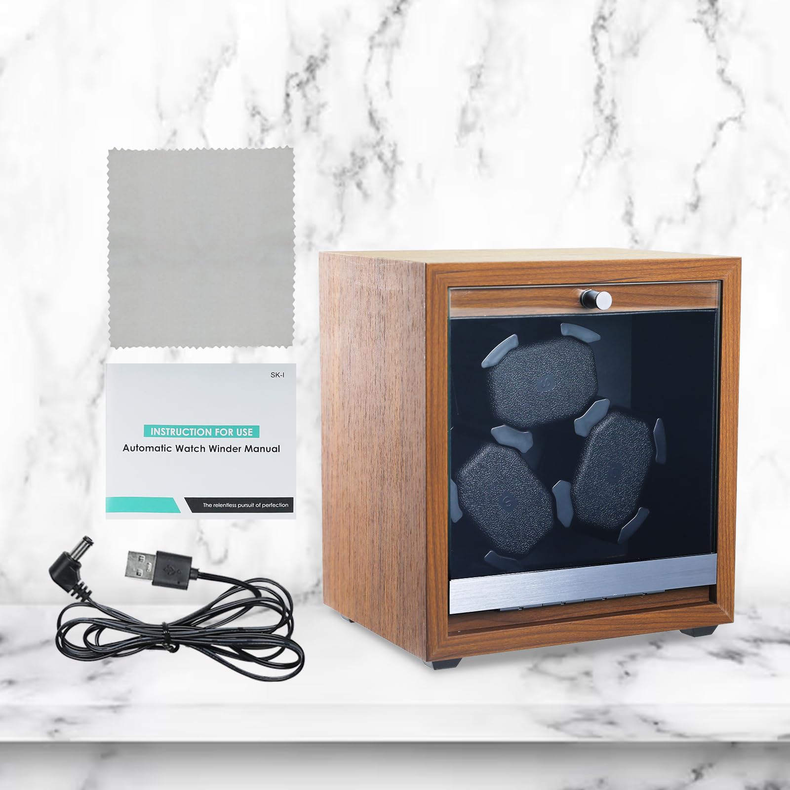 Caja Giratoria para Relojes Automáticos, Caja Giratoria con 3 Relojes Automáticos | 4 Modos de Rotación | Luz LED Azul | Almohadilla de Espuma | Vitrina de Madera, Función de Parada con Tapa Abierta
