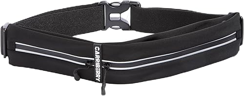 Cinturón de correr para hombres y mujeres, sin rebote, doble bolsillo, repelente al agua, riñonera para todos los teléfonos celulares, Negro -,