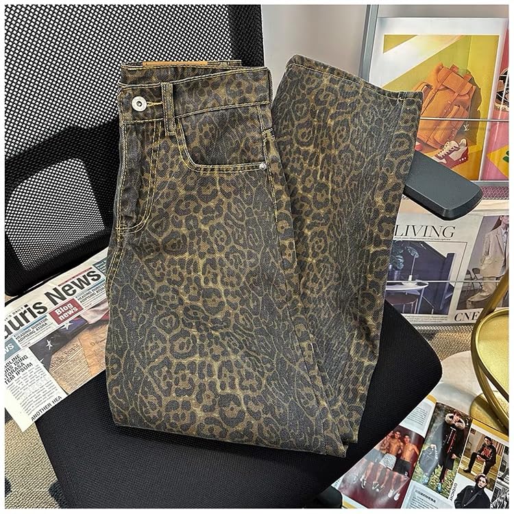 XPONNI Y2k Jeans Animal Print Y2k Pants Leopard Print Womens Baggy Wide Leg Jeans 2000s Mcbling Grunge Clothes2