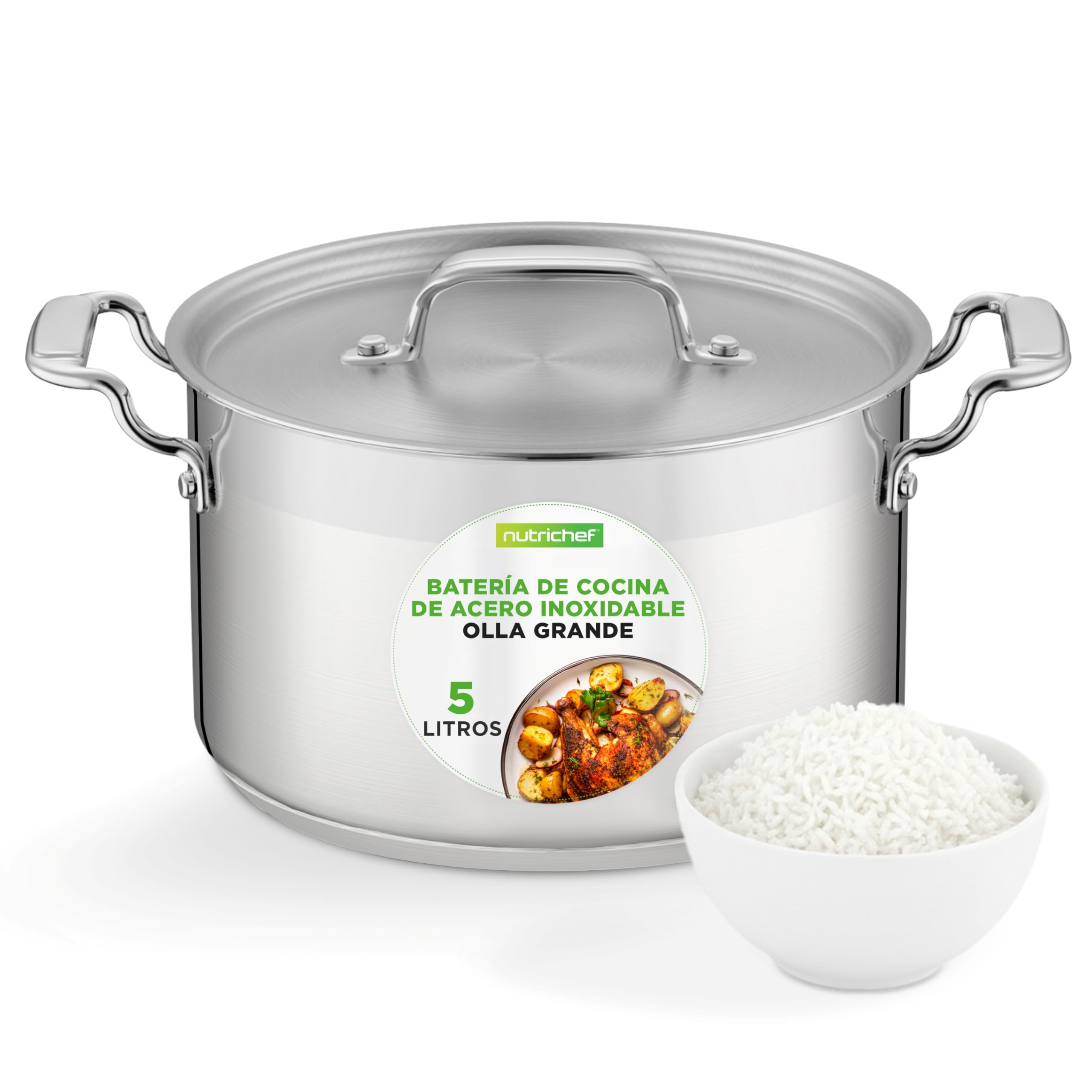 Nutrichef Olla acero inoxidable 18/​8, Con tapa, Capacidad de 4.7L, Grande y resistente, Para sopas y guisos, Apta para induccion