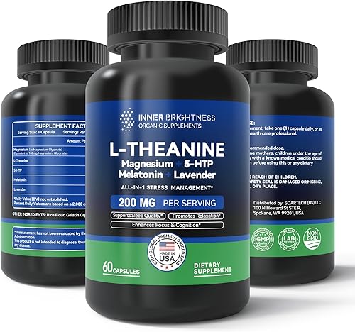 Miniatura 1 de L Teanina 200 mg, magnesio, 5-HTP y melatonina - Suplemento de L-teanina todo en 1 para aliviar el estrés, la concentración y la cognición, el sueño