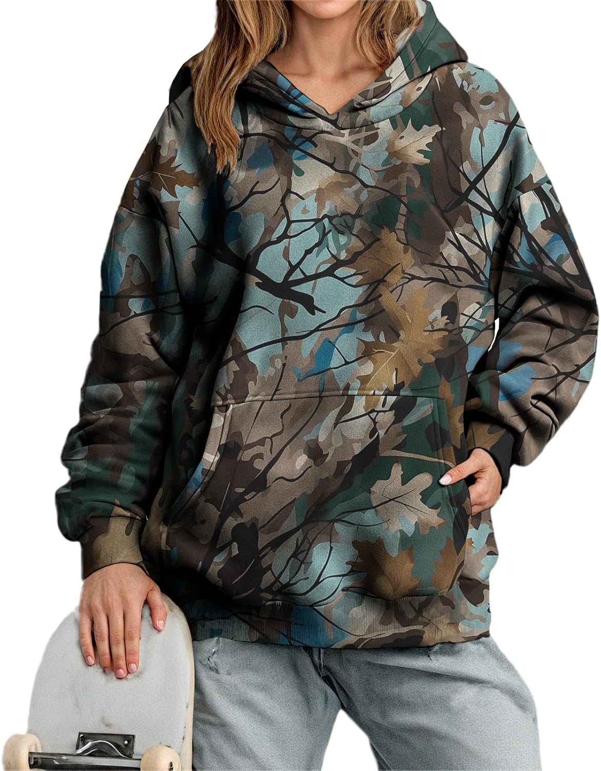 Fashion Oversized Sweatshirt for Women Camo Leaf Pattern Winter Hoodies with Pocket Casual Trendy Sweatshirt