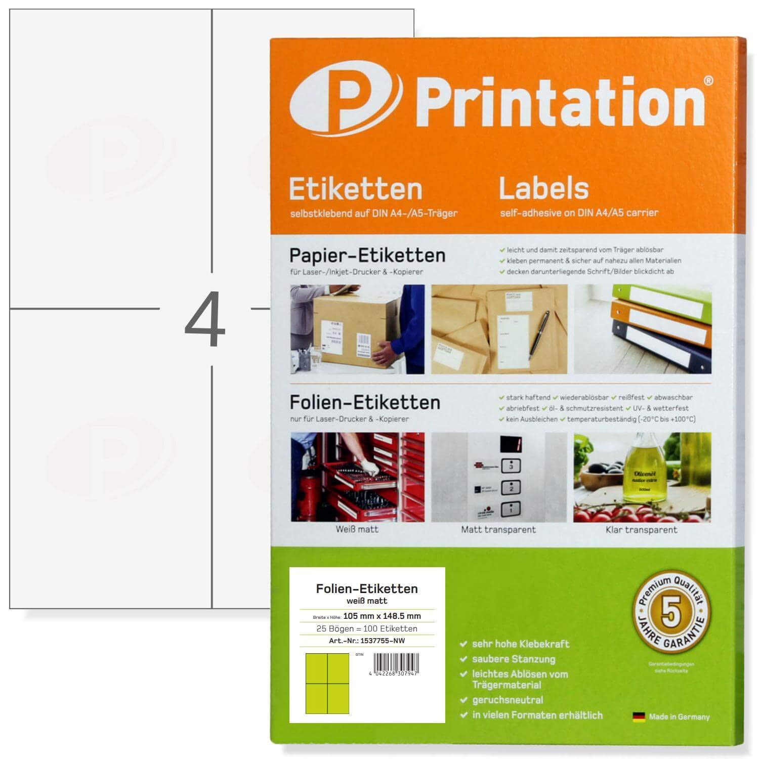 Printation Weiße wetterfeste FolienEtiketten 105 x 148,5 mm matt weiß auf 25 DIN A4 Bogen 4 pro Blatt 2x2 100 Aufkleber wetterfest selbstklebend weiß 105x148,5 Folien mit Laser Drucker bedruckbar