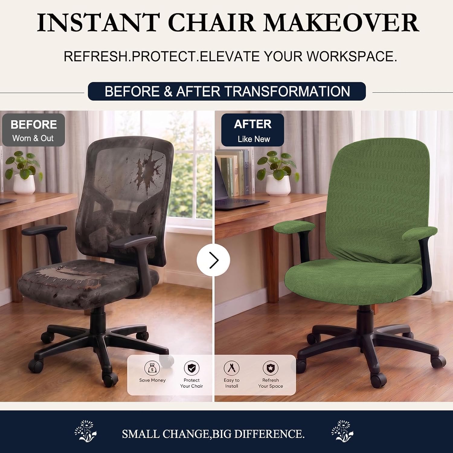 NeColorLife Office Chair Covers Set 4PCS, Stretch Computer Desk Chair Cover with Backrest, Seat Cushion and Armrest Covers,Universal Swivel Chair Protector,Matcha Green
